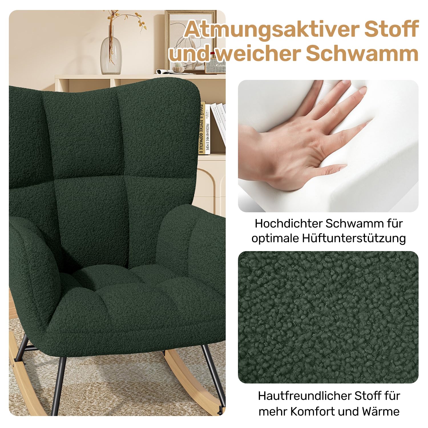 Hawthyhome Schaukelstuhl Relaxstuhl Sessel Stuhl Wohnzimmersessel, Schaukelsessel Gepolsterter Schwingsessel bis 136 kg belastbar Dunkelgrüne Lounge Chair fürs Wohnzimmer Schlafzimmer Balkon