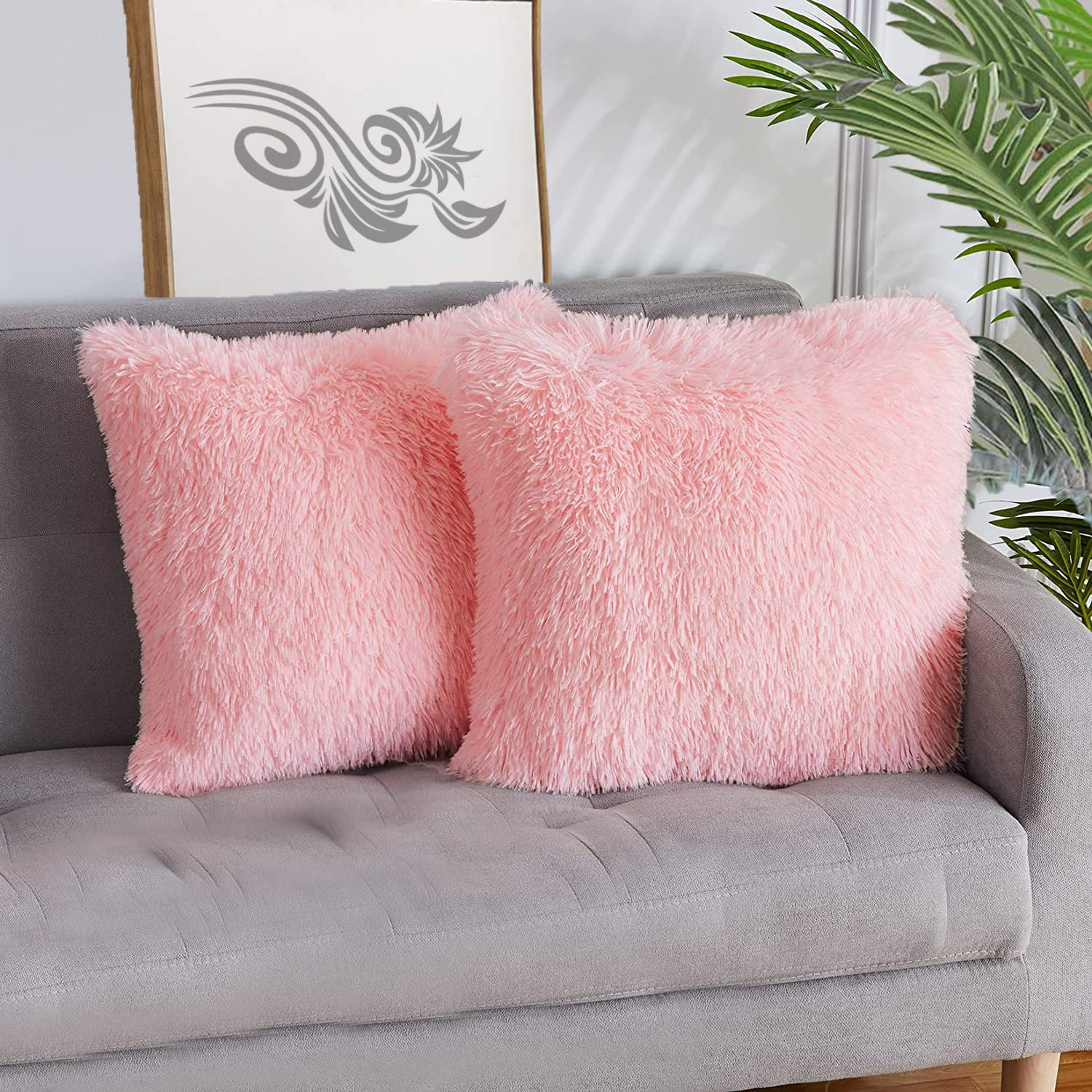 PICKKART Faux Fur Pillow Cover - Square Pillow Case Set of 2 Super Soft Fluffy Cushion Fur Cover (16x16) (Baby Pink)-image-16