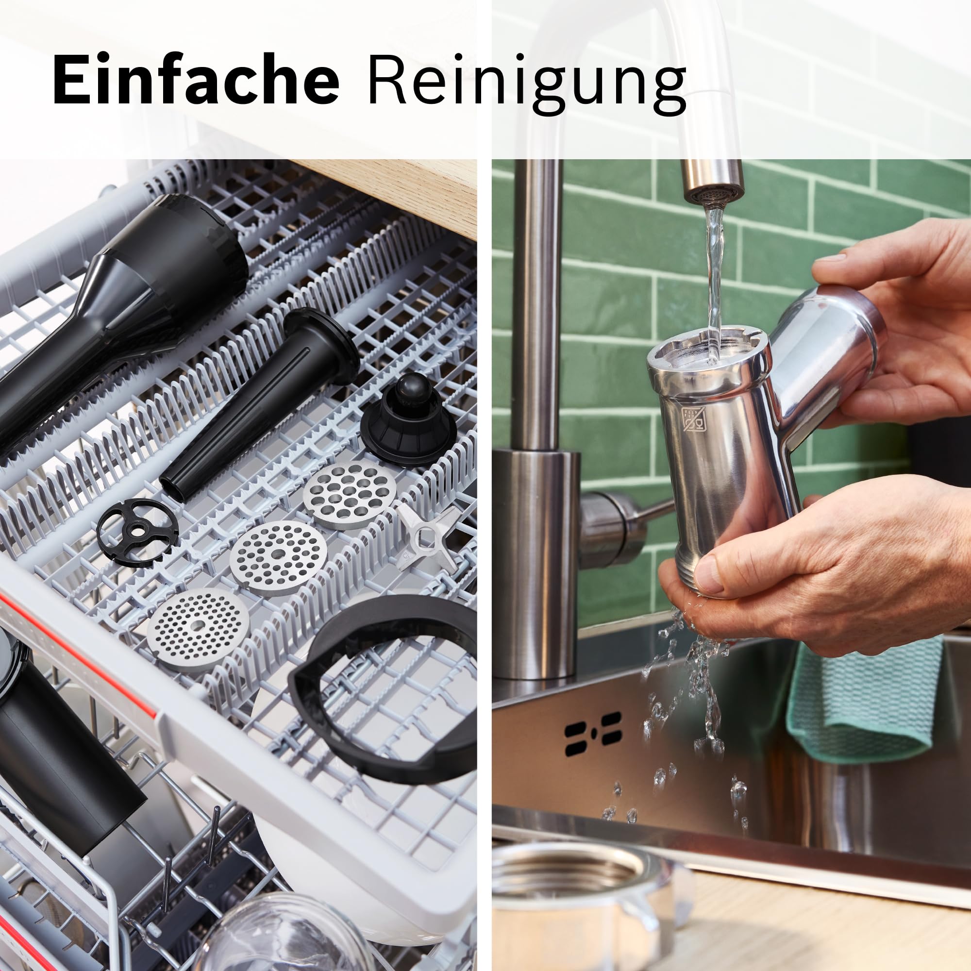 Bosch Fleischwolf Serie 6, 3 Lochscheiben (3, 4,5/8 mm) Edelstahl, spülmaschinenfest, Entsafter, Wurst-/ Kebbe-Aufsatz, elektrisch, stark, kompakt, 2.100 W, schwarz, MultiPower MFWS650B