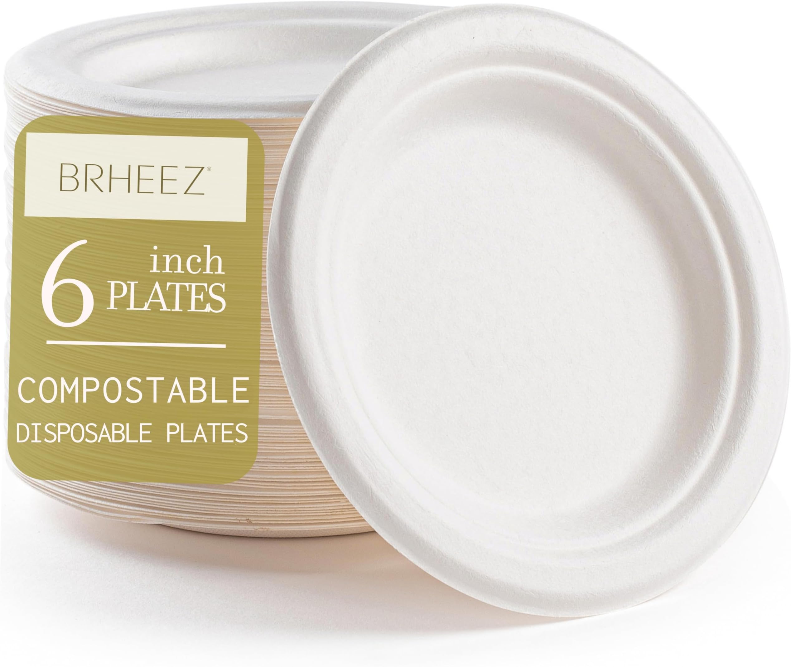 brheez 6 in Disposable Plates Paper Plates Alternative Compostable Plates Heavy Duty [Pack of 110] Eco-Friendly 100% Natural Sugarcane Bagasse Fiber Biodegradable