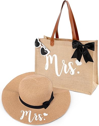 Percozzi Wifey Bride Tote Bag Sun Hat Glasses Set Bride-To-Be Shower Gift Honeymoon Jute Bag Kit