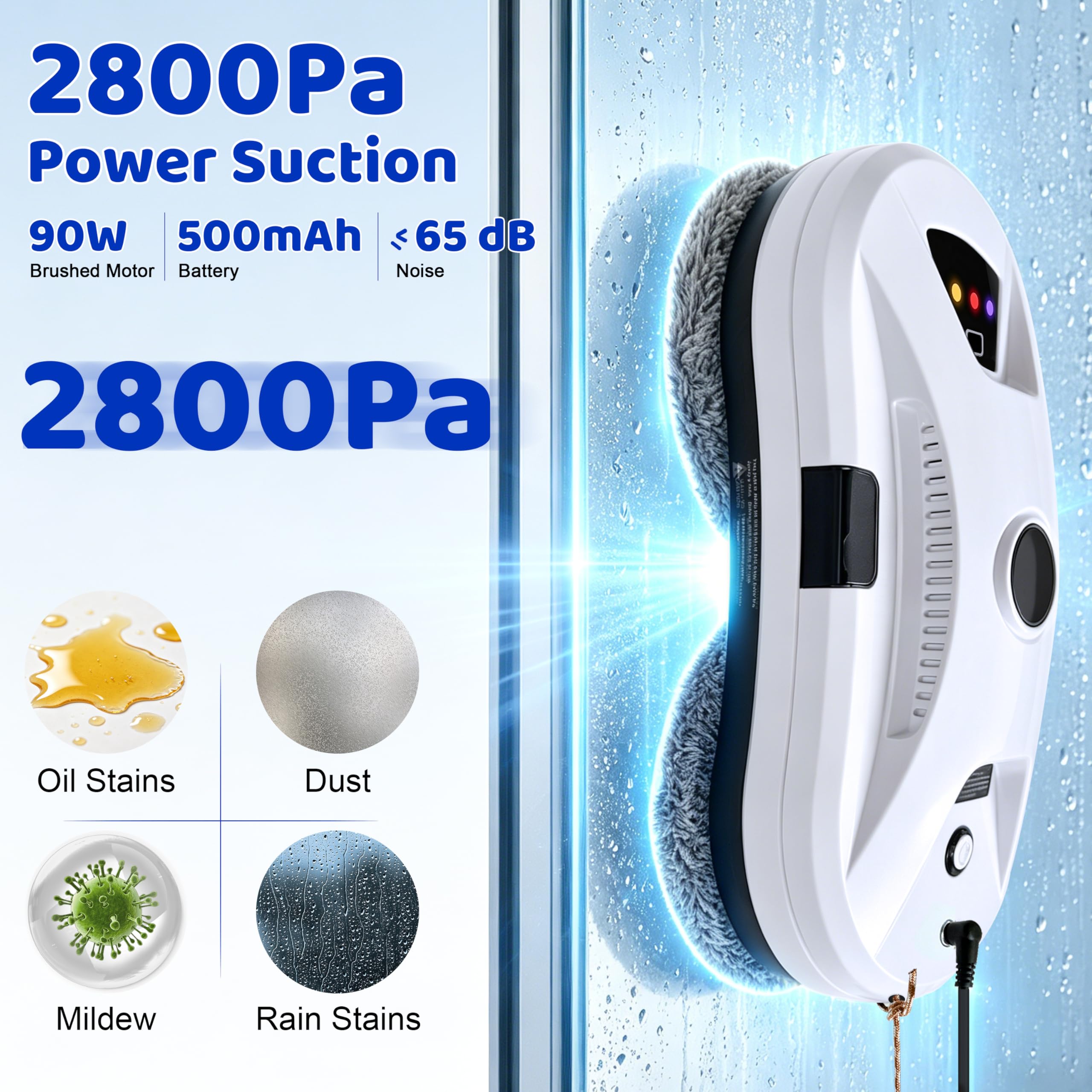 Robot de nettoyage de vitres intelligent avec aspiration forte de 5600 Pa, système de sécurité multiple, détection des bords, pour plafond de fenêtres hautes, extérieur et intérieur, blanc