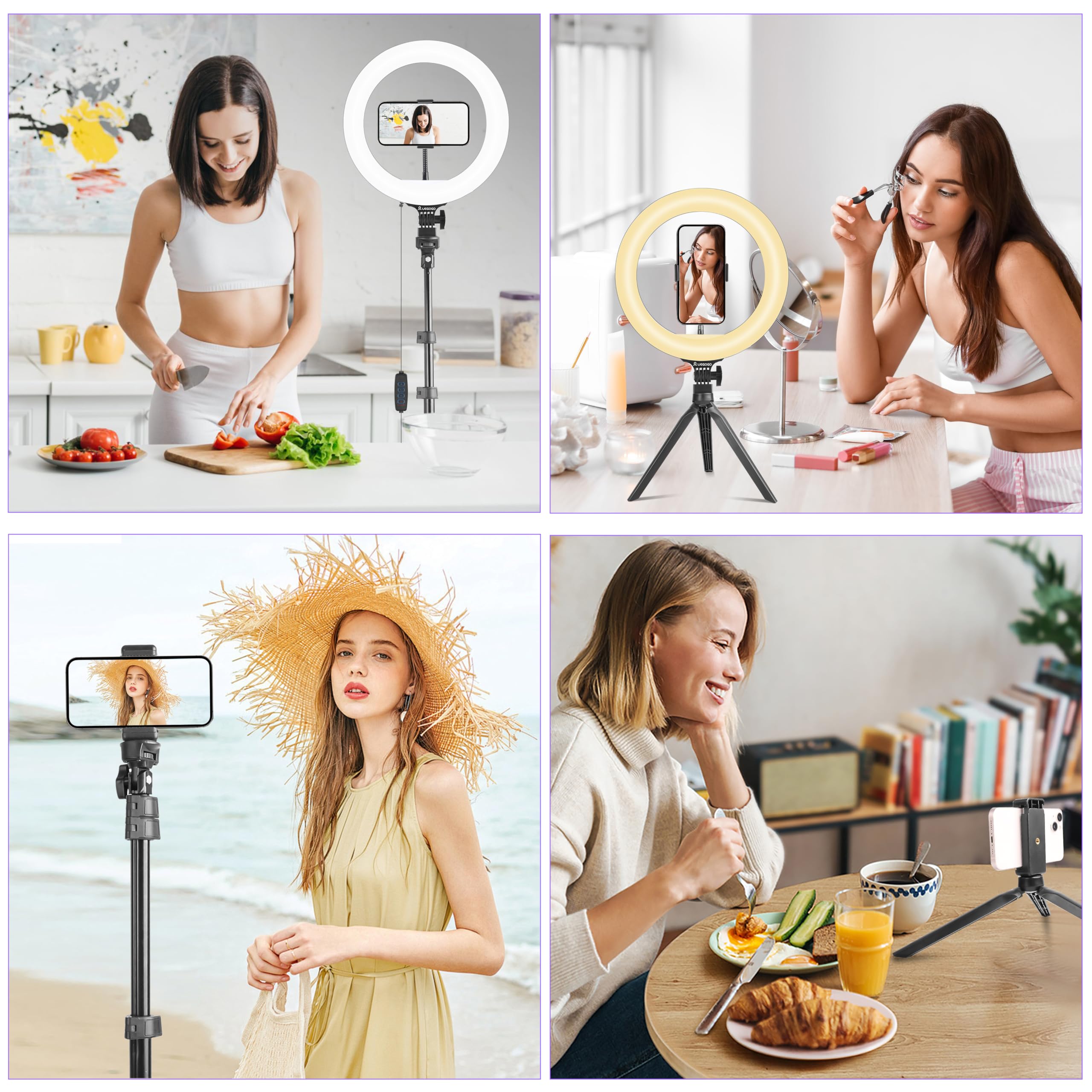UEGOGO Luce ad anello da 25,4 cm con treppiede da 182 cm e supporto per telefono, 38 modalità di colore, dimmerabile, luce ad anello a LED per live streaming, YouTube, trucco, TikTok