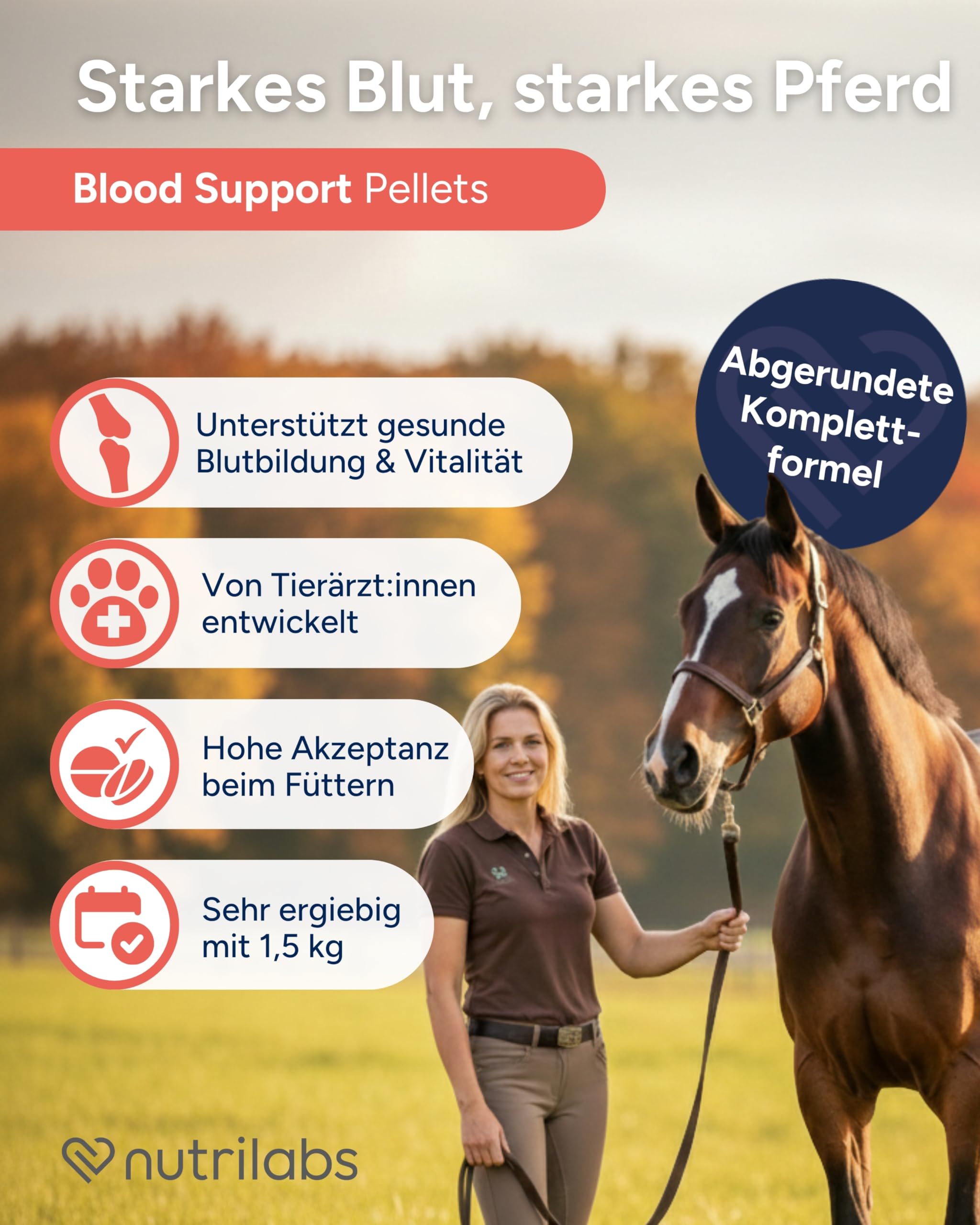 NutriLabs Blood Support Pellets für Pferde 1,5 kg - Blutzusatz - Eisen - Nahrungsergänzung Eisenpräperat - Vitalstoffe Blut