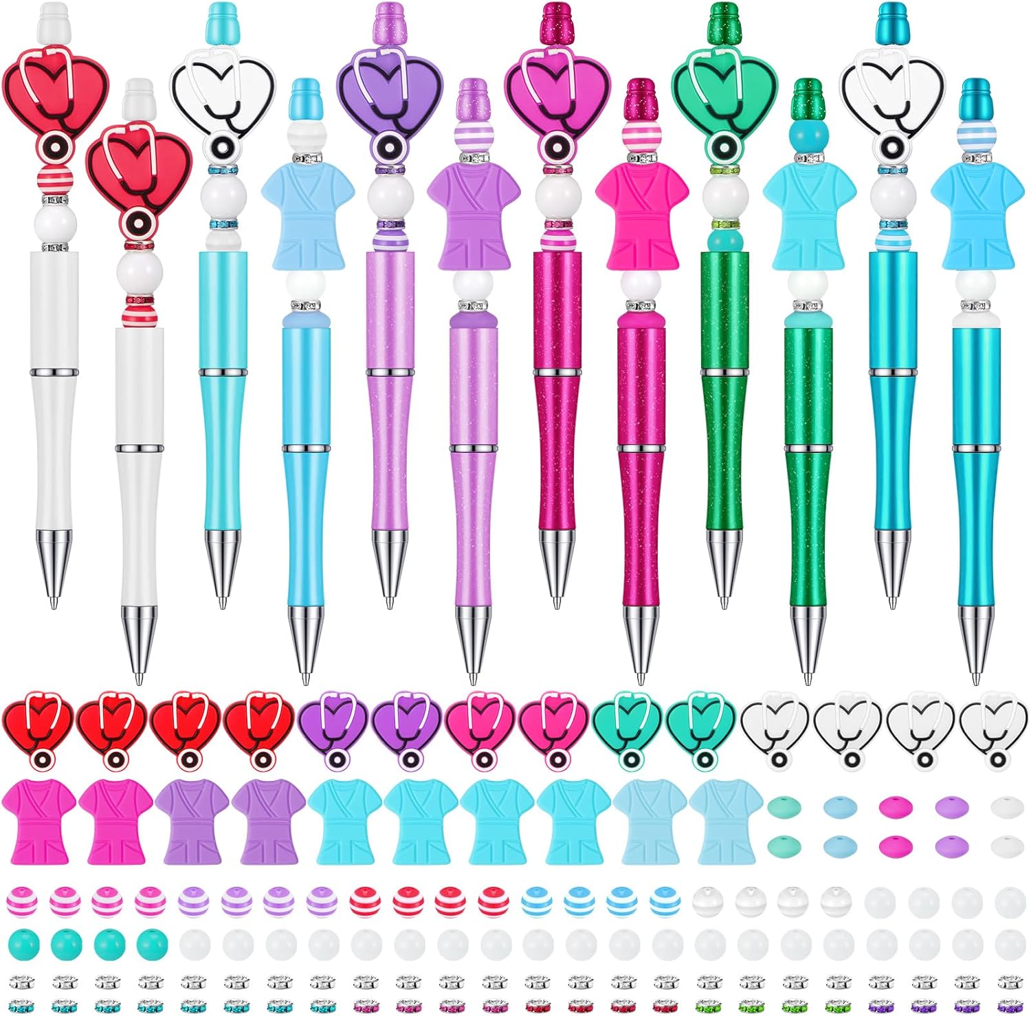 Colarr 24 Pcs Nurse Beadable Pens Bulk with 130 Pcs Multicolor Ballpoint Beads Assorted Spacer Beads Gown Stethoscope DIY Craft Kits for School Nurse CNA Week 2026 Teacher Appreciation Gift