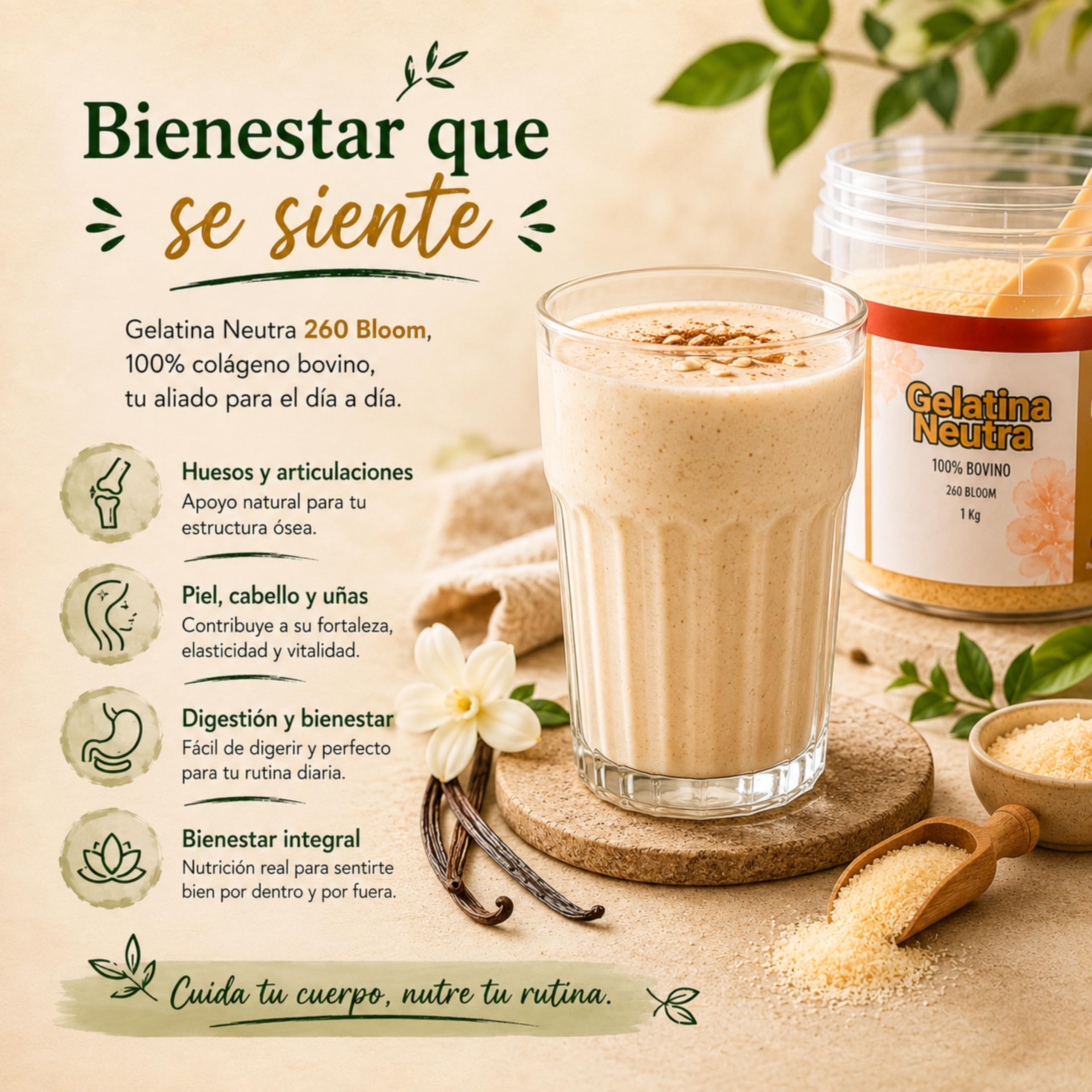 RAIAN FOODS® Gelatina Neutra en Polvo 100% Bovino 1kg 260 BLOOM Halal + Dosificador 30 ml + QR con Recetario y Contenido Exclusivo | Sin Sabor para Repostería y Cocina, Sin Azúcar, Sin Lactosa