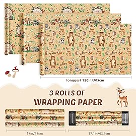 WERNNSAI Baby Shower Kraft Wrapping Paper Rolls - 3 Short Rolls 17 in x 10 ft Baby Wrapping Paper Birthday Joyful Gift Wrapping Paper Hello Baby and Woodland Animals Design for New Baby Party Favor