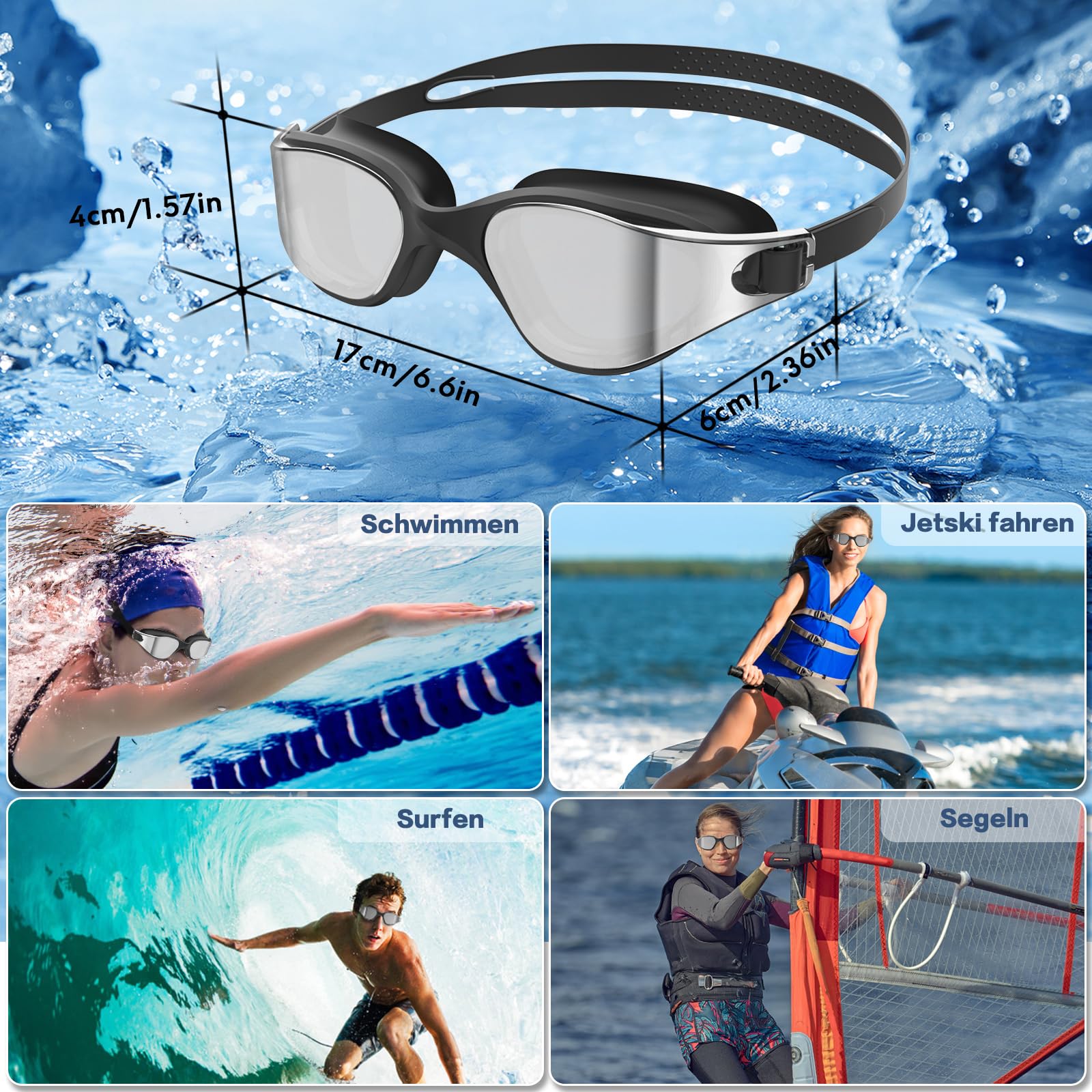Polarisiert Schwimmbrille Herren Damen, UV-Schutz, Anti-Nebel, Verstellbarer Gurt, Komfortable Passform, Profi Schwimmbrille für Erwachsene und Jugendliche Mit Nasenklammer und Ohrstöpseln
