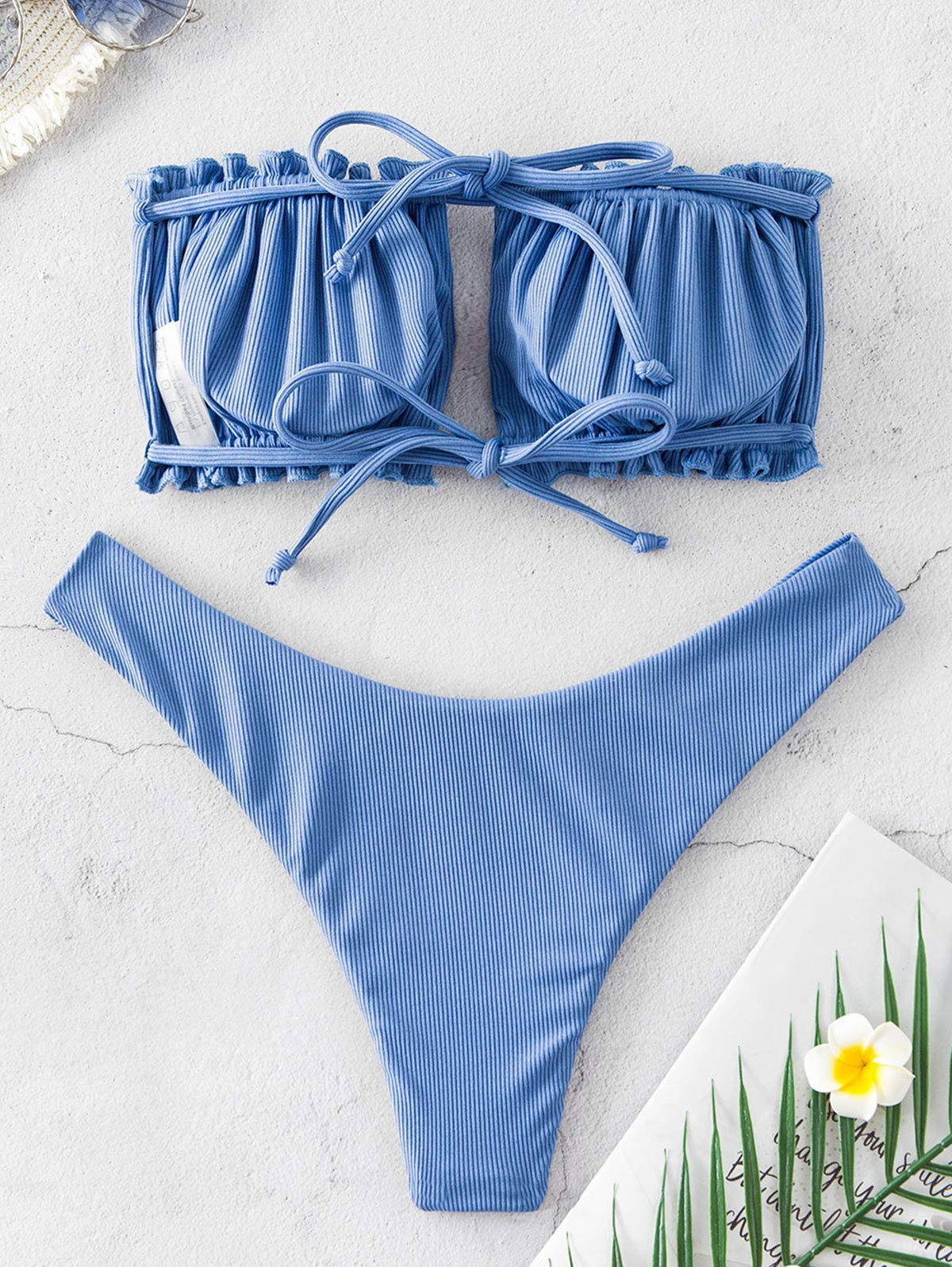 ZAFUL Set Bikini Due Pezzi da Donna, Bandeau Arricciato a Coste Senza Spalline Reggiseno Imbottito Natural Waist Briefs