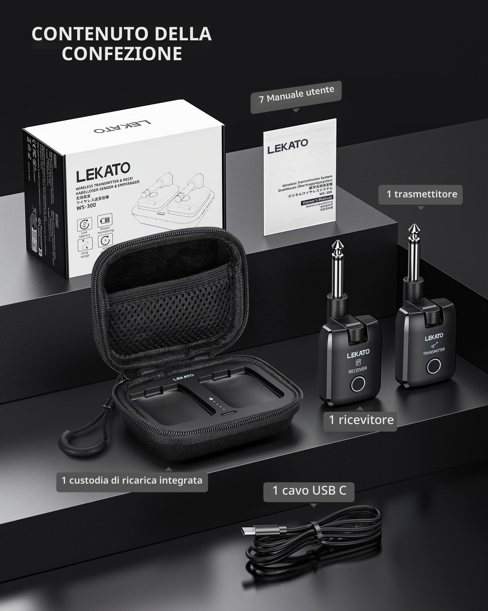 LEKATO Sistema per chitarra wireless con custodia di ricarica, ricevitore trasmettitore per chitarra con autonomia di 18 ore, jack per chitarra ricaricabile senza fili con custodia portatile per