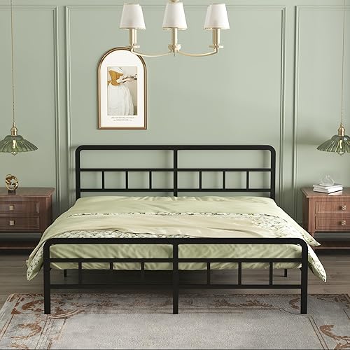 Richwanone 14 inch King Bed Frame with Headboard and Footboard, Metal Platform with Heavy Duty Steel Slat Support, No Box Spring Needed, Easy Assembly, Black