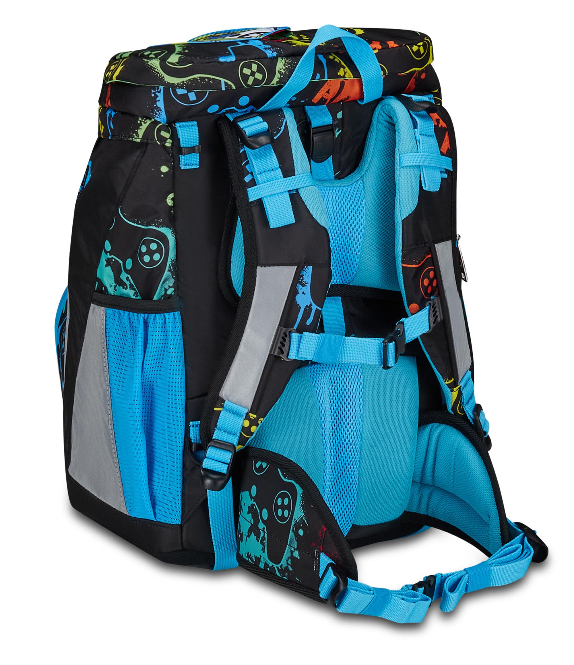 SJ GANG STYLE JAM GANG Zaino Scuola Updown Soft, Nero, Multicolor Game, Monoscomparto con Cinghia Vita Regolabile, Tasca Laterale Zip, Tasca in Rete Porta Borraccia, Elementari, Medie, Bambino Ragazzo