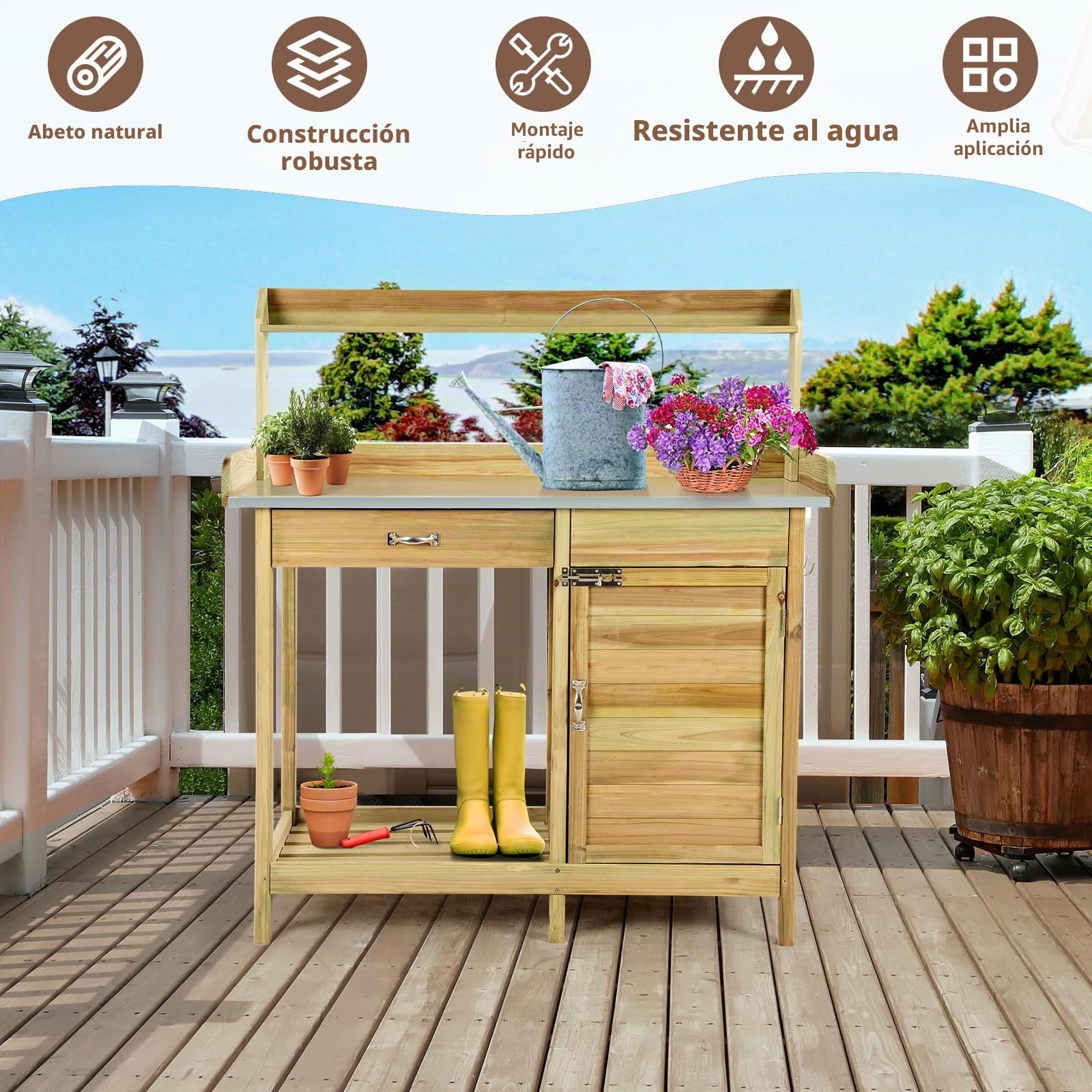 HOMASIS Mesa de Jardín de Madera para Plantas, Banco de Trabajo con Cajón, Armario y Tapa de Metal, Muebles de Exterior para Jardinería de Balcón, Patio, Terraza, 112 x 46 x 125cm, Natural