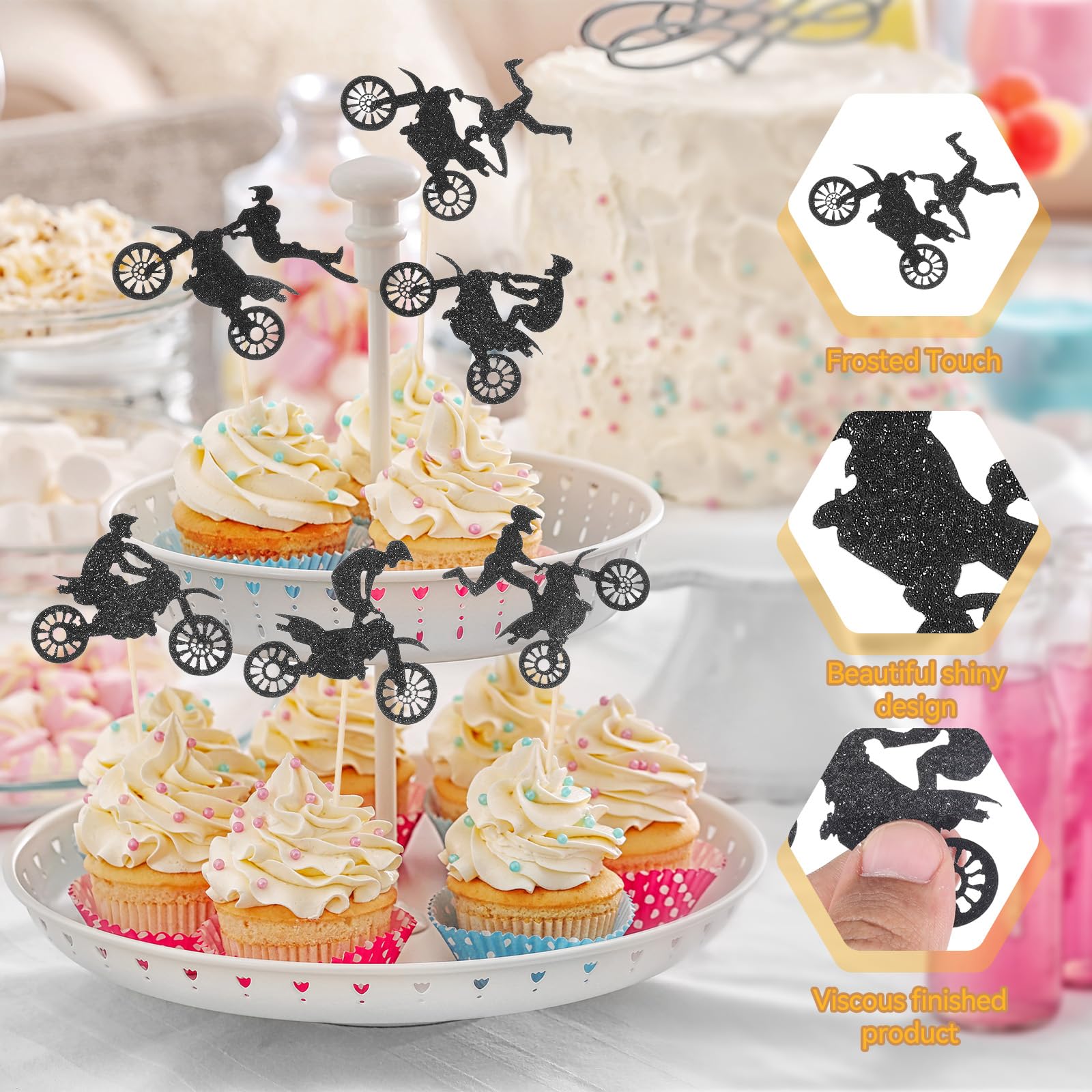 30-Pack Black Glitter Motorcycle Cupcake Toppers – Motocross Dirt Bike Party Decor For Birthday Cakes & Desserts