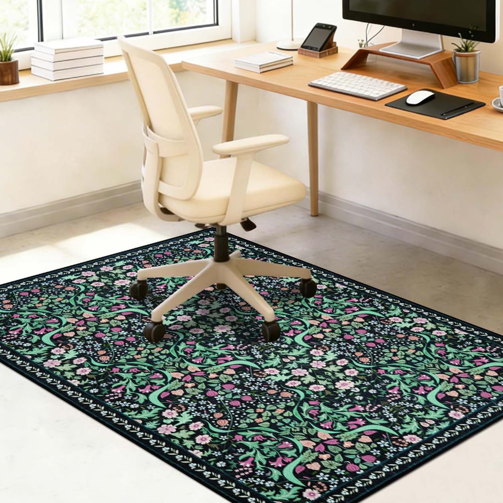 Famibay Office Chair Mat for Hardwood Floor 90x120cm Pink Chair Floor Protection Mat Non Slip Computer Desk Chair Mat for Hard Floor Rubber Mats for Home Office Chair Washable Vintage Floral