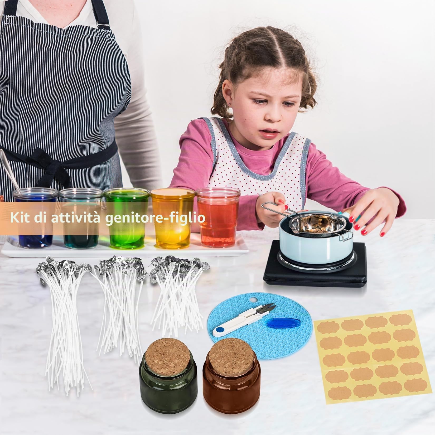 NPFVKSA Kit per la creazione di candele, vaso fuso di cera da 480 ml, 120 stoppini per candele, 3 set di vasi di cera, 120 adesivi per stoppini per candele, kit per la creazione di candele per adulti