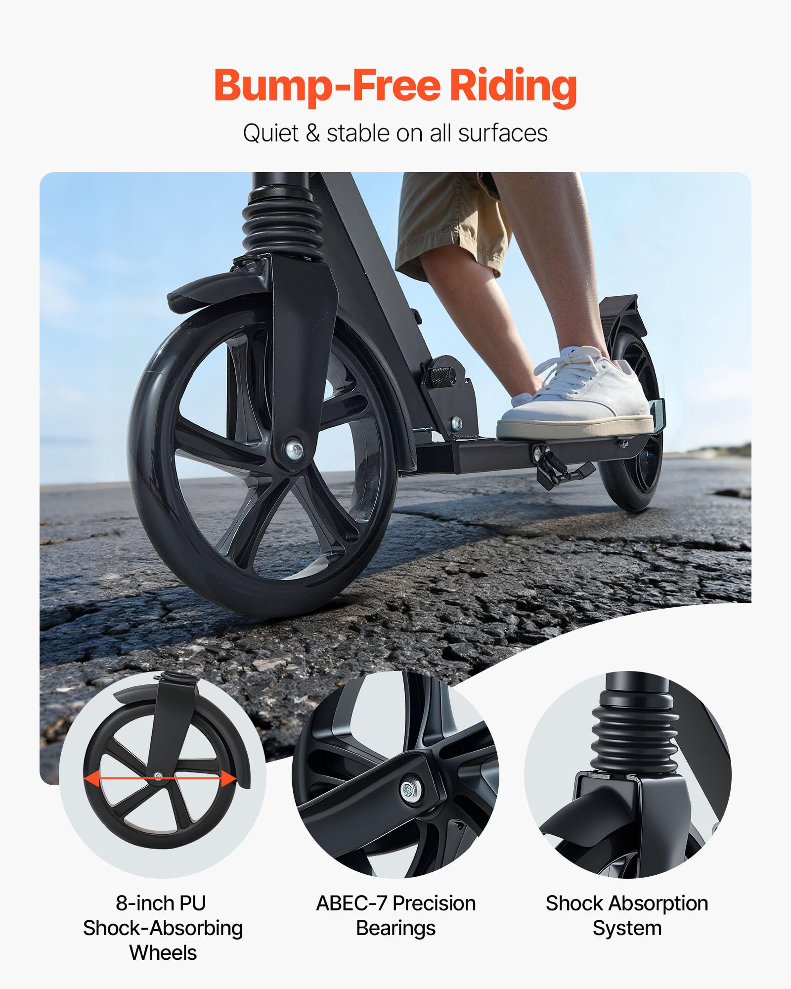 VEVOR Monopattino con 2 Ruote per Bambini da 8 Anni, Monopattino Pieghevole per Movimento della Città Carico max. 100kg Altezza Regolabile a 3 Livelli, Pedana Antiscivolo e Freno a Pedale, Nero