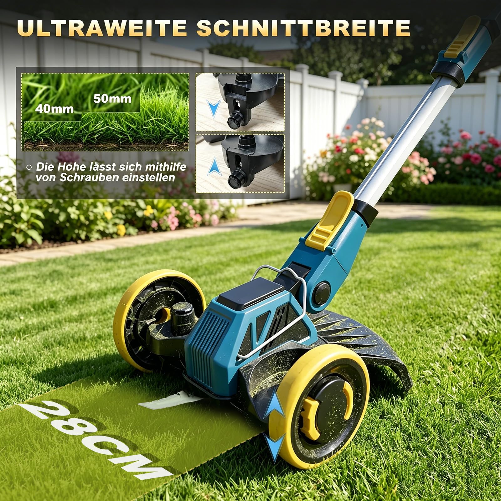 Rasentrimmer mit Akku und Unkrautbürste, Akku Rasentrimmer für Makita-Akkus mit 4 Klingentypen und 2X4.0Ah Akkus, 21V Bürstenlose Freischneider Akku für Garden Trimmen (Blau)