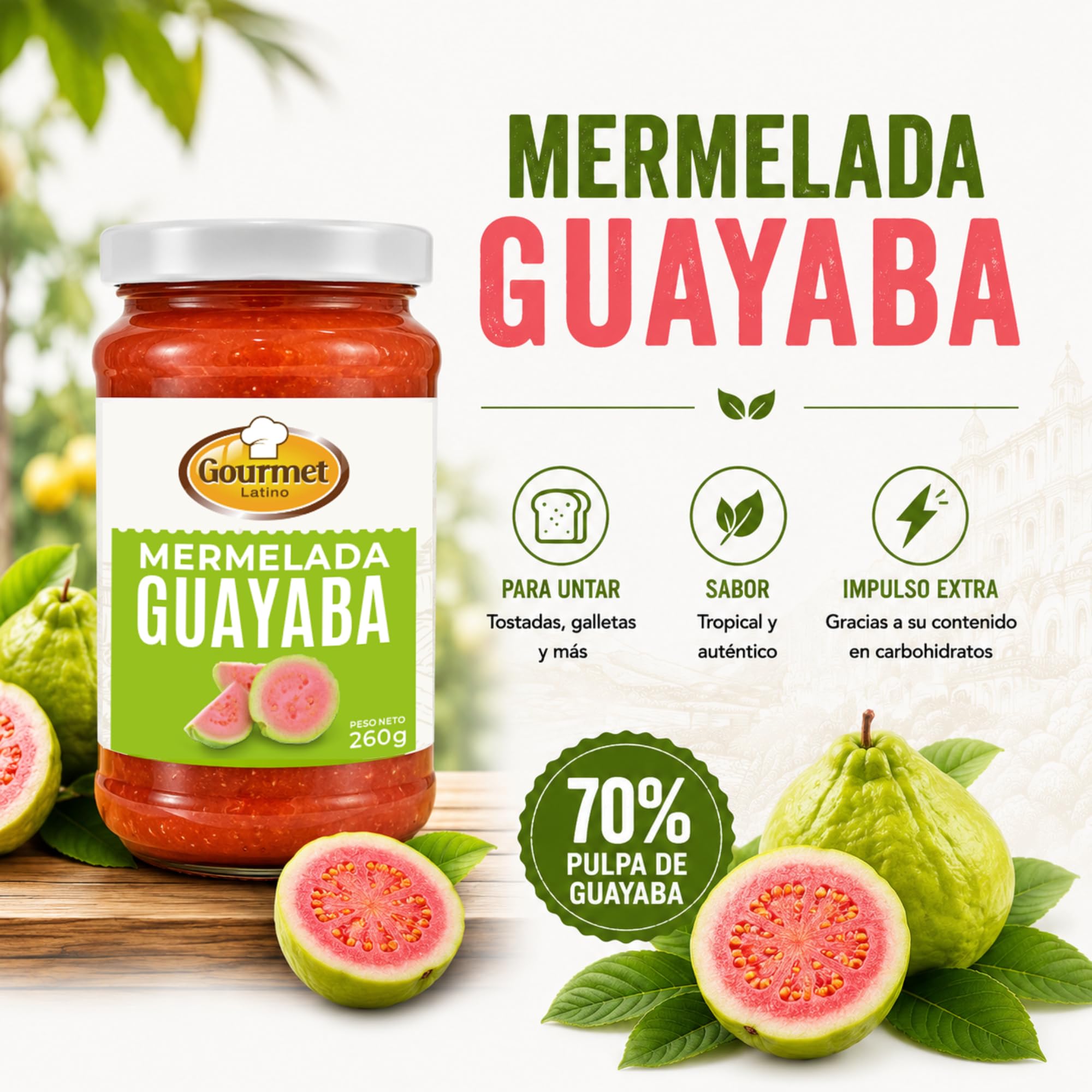 Gourmet Latino - Mermelada de Guayaba - 260 g - Ideal para Desayuno o Meriendas - Sabor Tropical Auténtico - Alto Contenido en Hidratos de Carbono