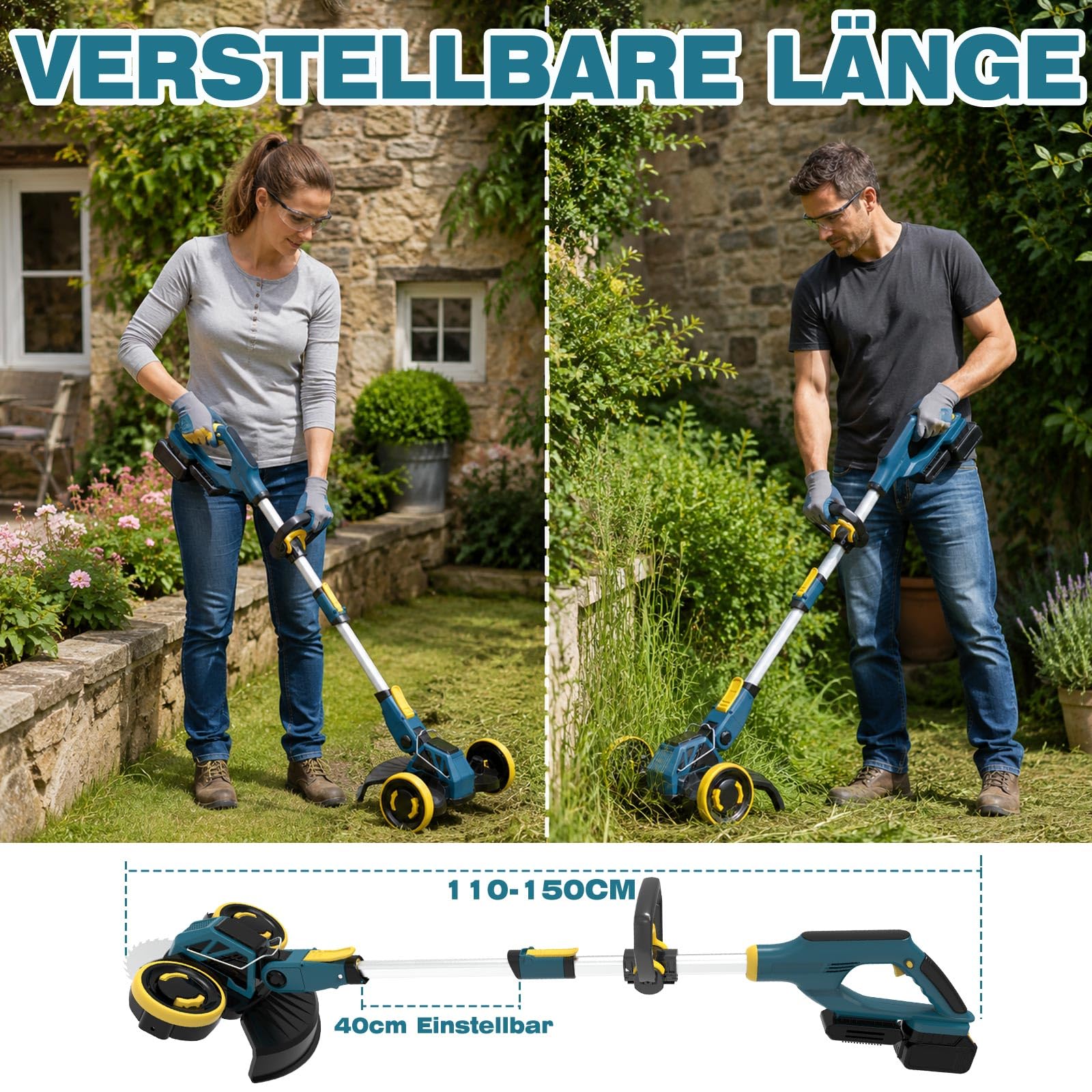 Akku Rasentrimmer für Makita-Akkus, Rasentrimmer mit Unkrautbürste und 2 x 4,0Ah Akku, 2-in-1 Akku Freischneider/Rasenkantenschneider mit 4 Klingentypen für Garden Trimmen