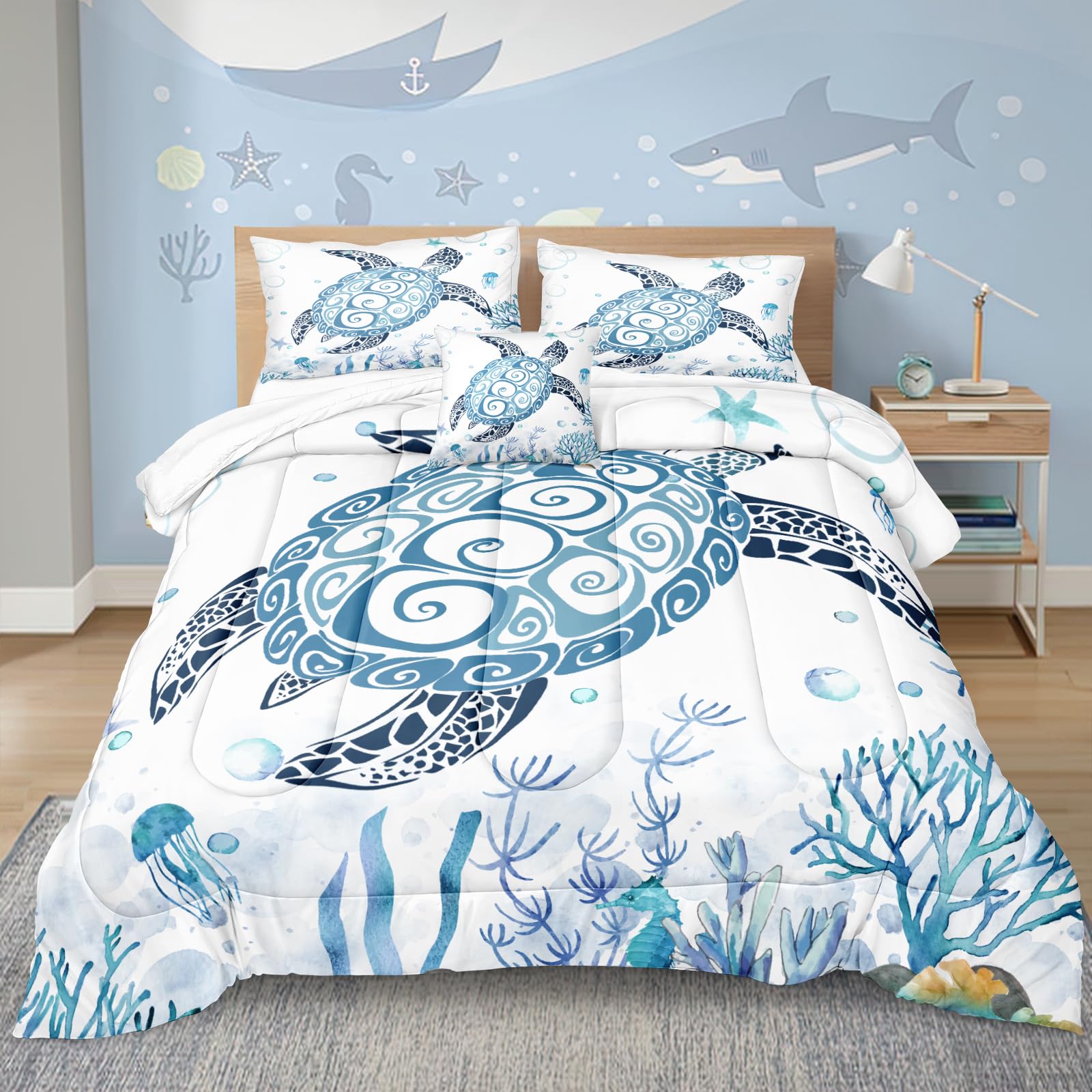 BedbayTurtle Queen Comforter Set Blue Ocean Comforter Blue White Sea Turtle Design Soft Microfiber Filling Down Comforter Boys Girls Bedding for Summer (Coral,Queen)
