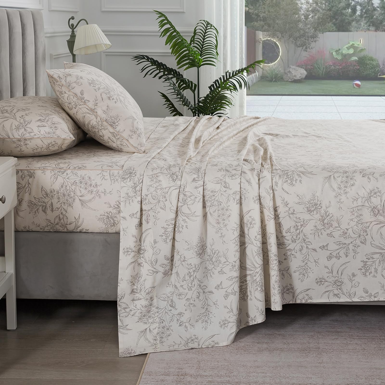 Vintage Beige Floral Percale Sheets Full Size, Deep Pocket, 4Pcs | 100% Cotton Flower Leaf Sheet Set, Neutral Printed Farmhouse Bed Sheets, Luxury Designer Bedding, French Country, Soft Crisp