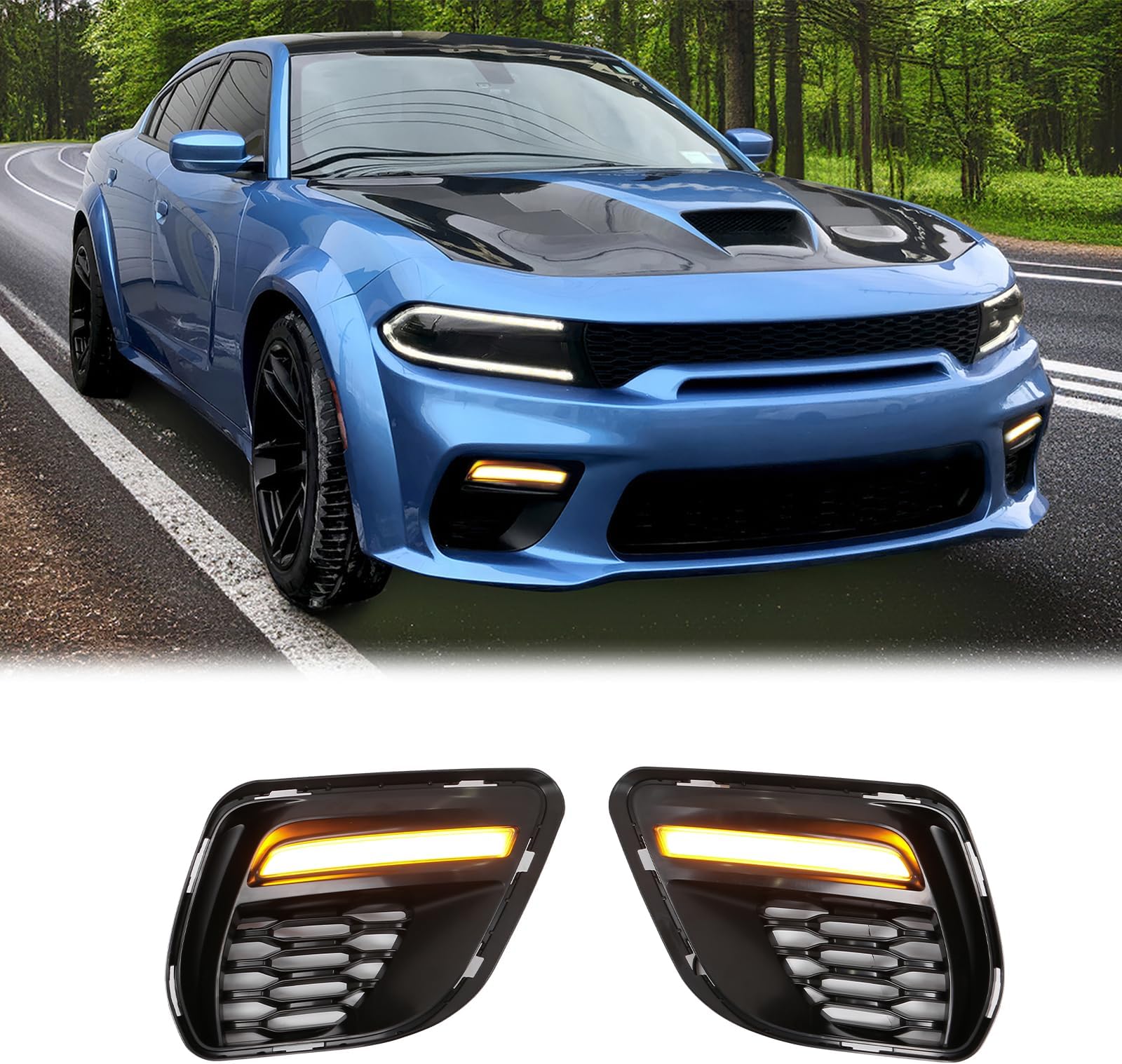 FREEMOTOR802 Fog Light Covers Compatible with 2020-2023 Dodge Charger Widebody Models | Black Front Lower Fog Lights Bezels DRL Switch Back Turn Signal Lamps Replacement Driver & Passenger Side 2PCS