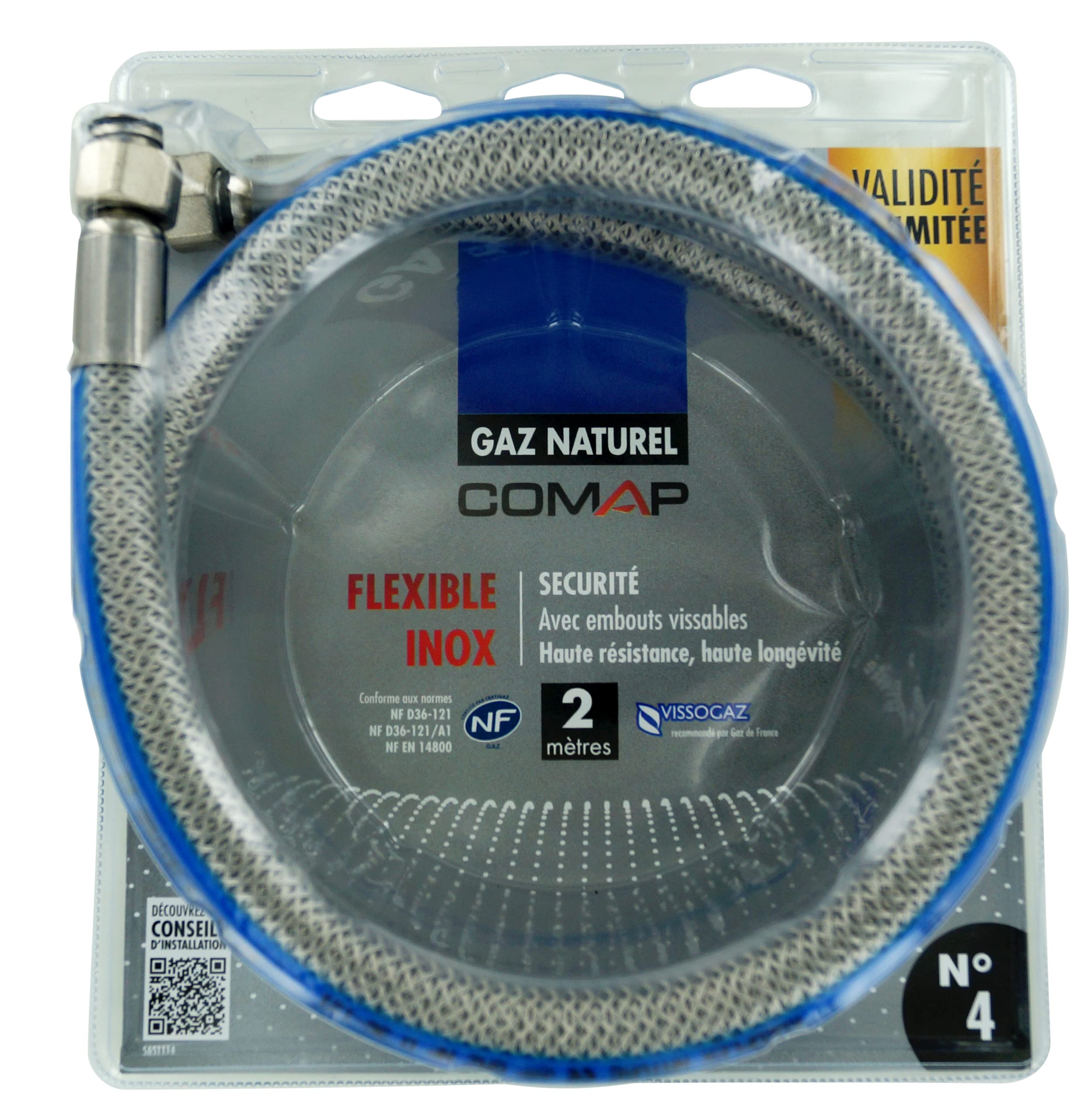 COMAP Flexible de gaz naturel inox - 2,00m - Validité illimitée - Raccordement à visser - S651114