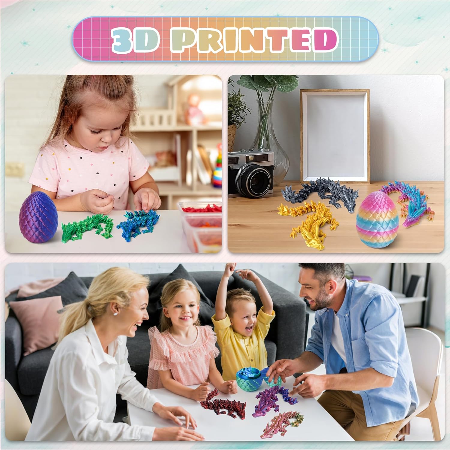 Easter Basket Stuffers - 6PCS 3D Printed Dragon Eggs with Dragon Inside, Mini Easter Egg Articulated Crystal Fidget Toy, Home Office Decor Executive Gift, Surprise 3D Printed Animals Toy Set (Set B)