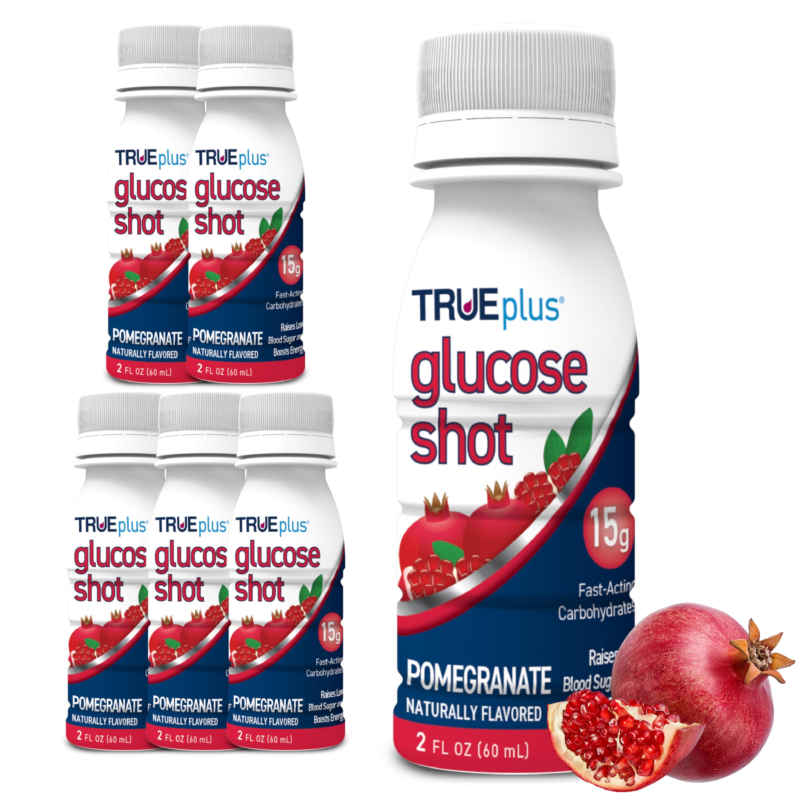 TRUEplus Glucose Shot, Pomegranate, 15g Fast-Acting Carbohydrates, Fat Free, Gluten Free, Raise Low Blood Sugar and Boost Energy, 6 Pack