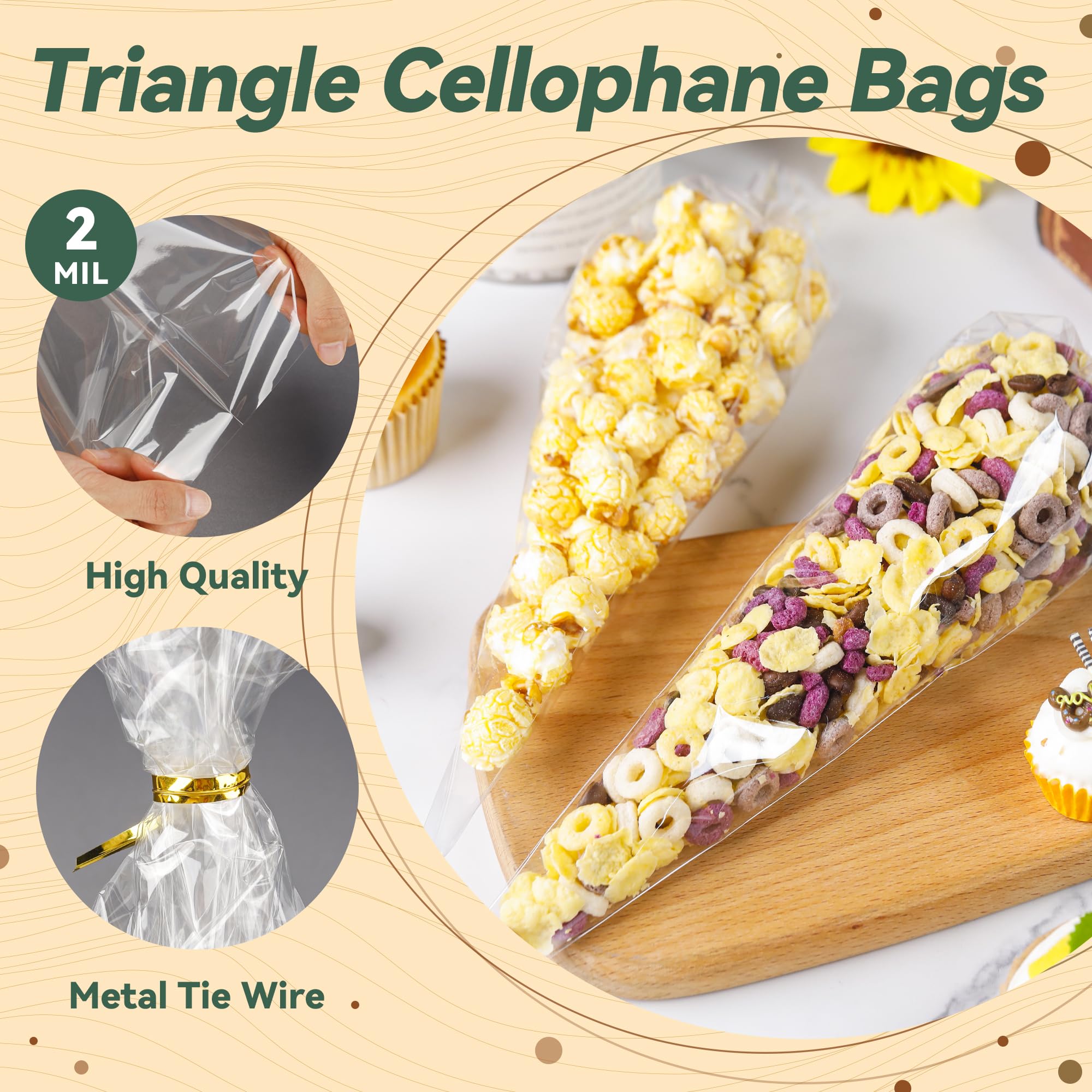 NPLUX 100 Pack Clear Cellophane Treat Bags – 5x10 Inch Cone Shaped Bags With Gold Ties For Candy, Cookies, Gifts - View #3