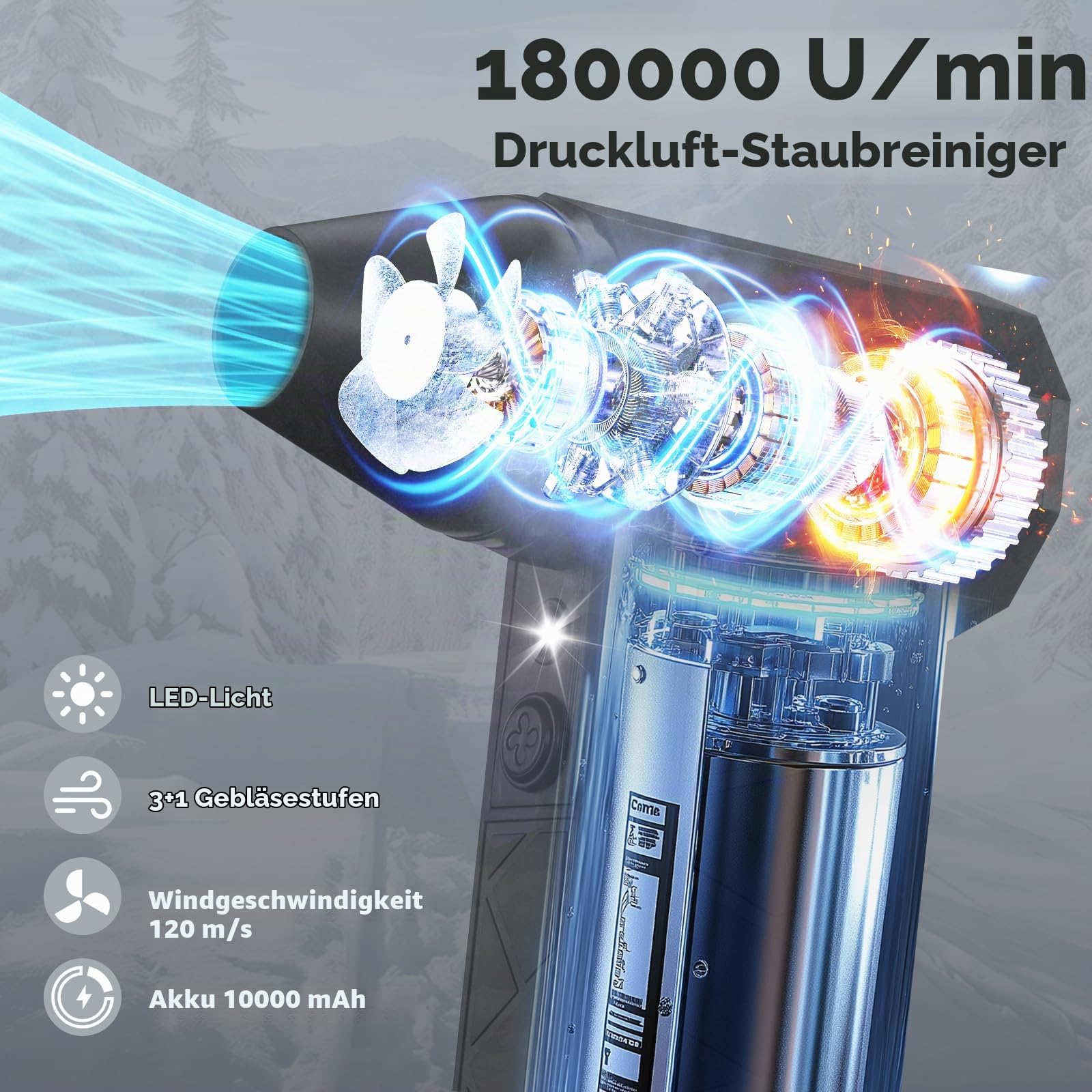 Elektrische Staubgebläse 180000 U/min Gebläse Akku mit 4-Gang Compressed Air Dust Blower Reinigungsbürste für PC Reinigungsset Staubgebläse Druckluftspray Auto, Sofa, Tastatur Luftdruckspray (Schwarz)