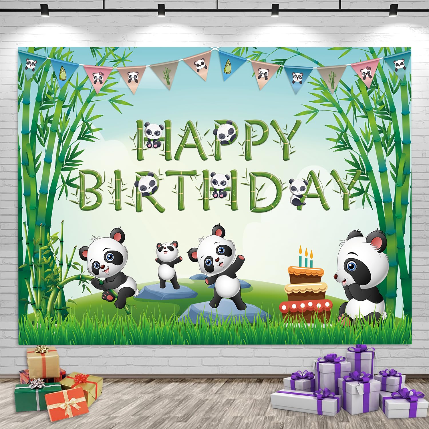 Cartoon Panda Happy Birthday Backdrop Green Bamboo Cute Kitten Theme Baby Shower Photo Banner Decoration for Children Newborn Party Decorations Cake