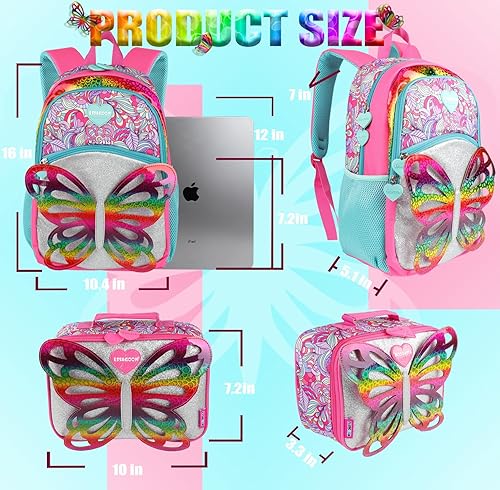 Miniatura 3 de Mochila con lentejuelas y alas de mariposa con bolsa de almuerzo para niñas, niños y adolescentes, juego de mochila escolar para preescolar, Rosado,