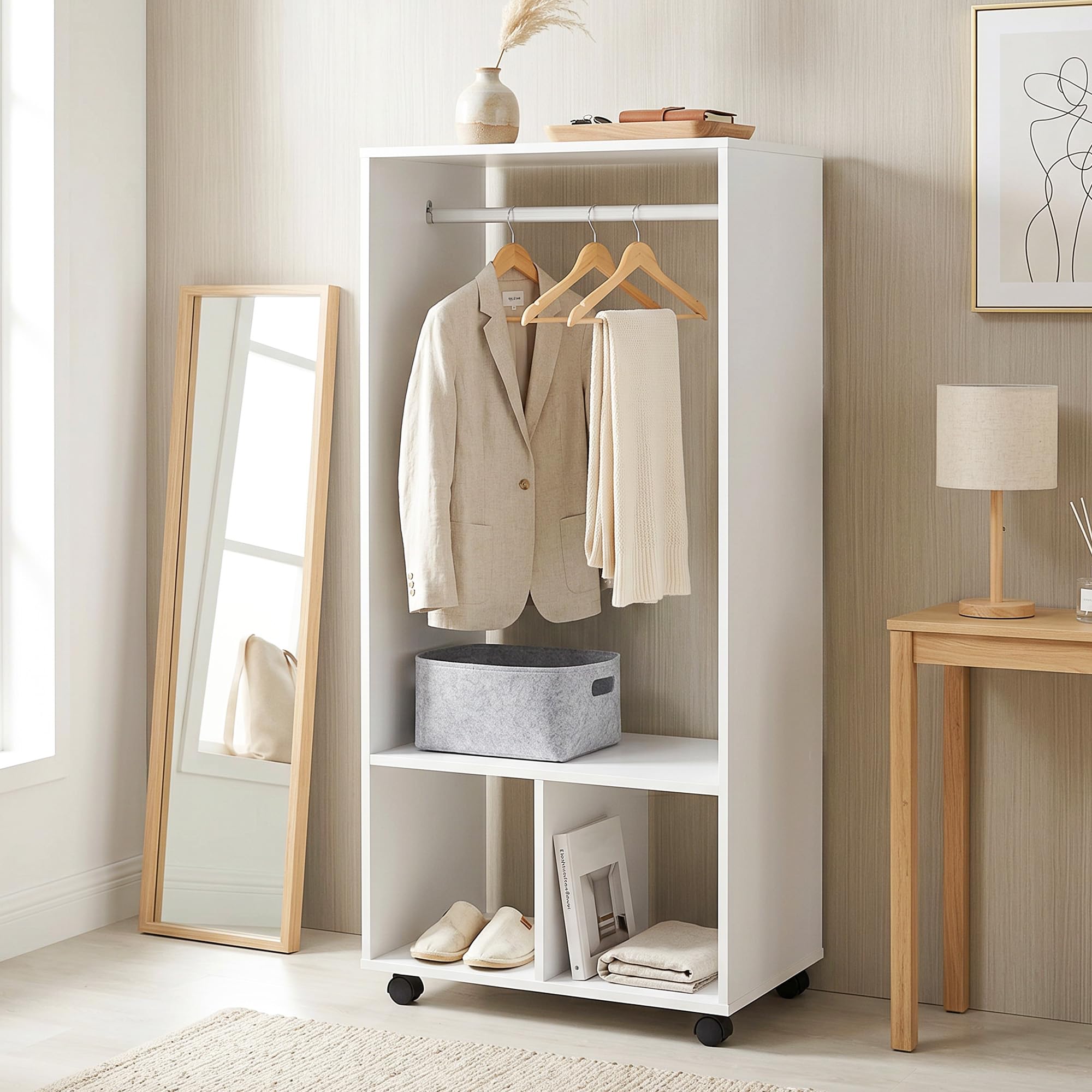 HOMCOM Armario Ropero con Ruedas Armario para Ropa con Barra Estantes Abiertos Organizador para Colgar Ropa de Dormitorio 60x40x128 cm Blanco
