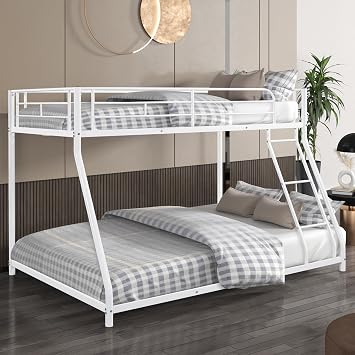 Bunk Bed Twin Over Full Size with Ladder, Twin Over Full Bunk Bed -Length Guardrail, No Box Spring Needed, Noise Free White