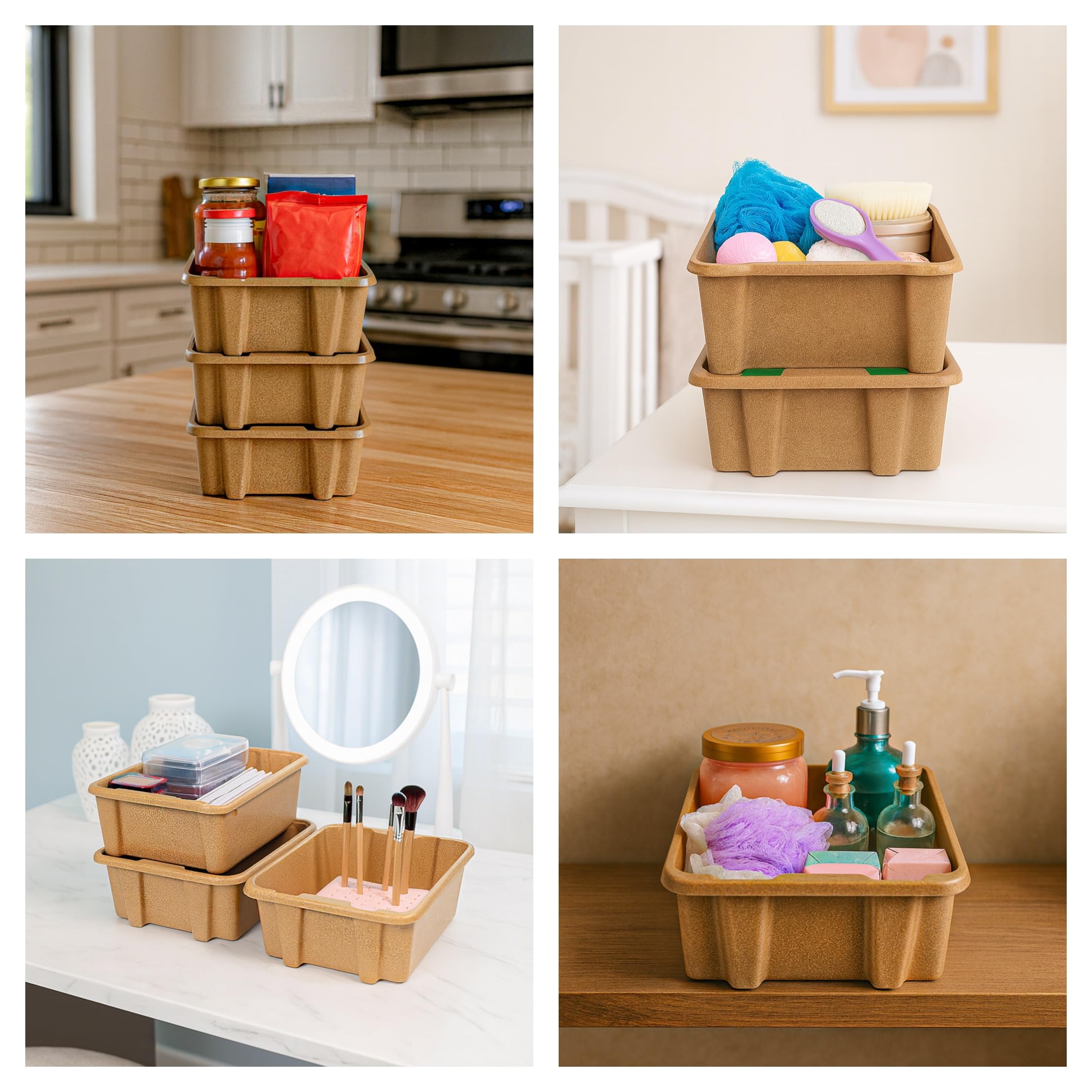 Best Kept 6842BKLB Lot de 3 bacs de rangement empilables – Conteneurs en plastique pour cuisine, salle de bain, travaux manuels et loisirs, bacs de rangement polyvalents légers et durables – Marron