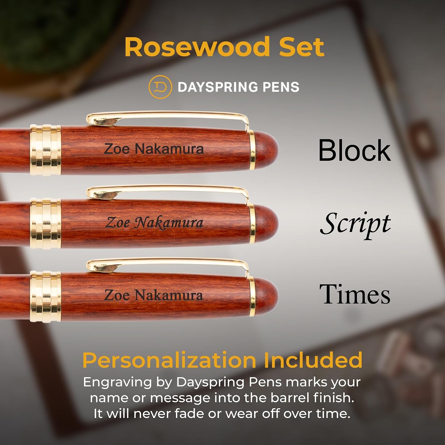 Dayspring Pens Personalized Rosewood STEM Graduation Pen and Pencil Set, Science and Atom Emblem, Engraved Gift for Science, Engineering, Biology, Chemistry, and Physics Graduates, Gift Case Included