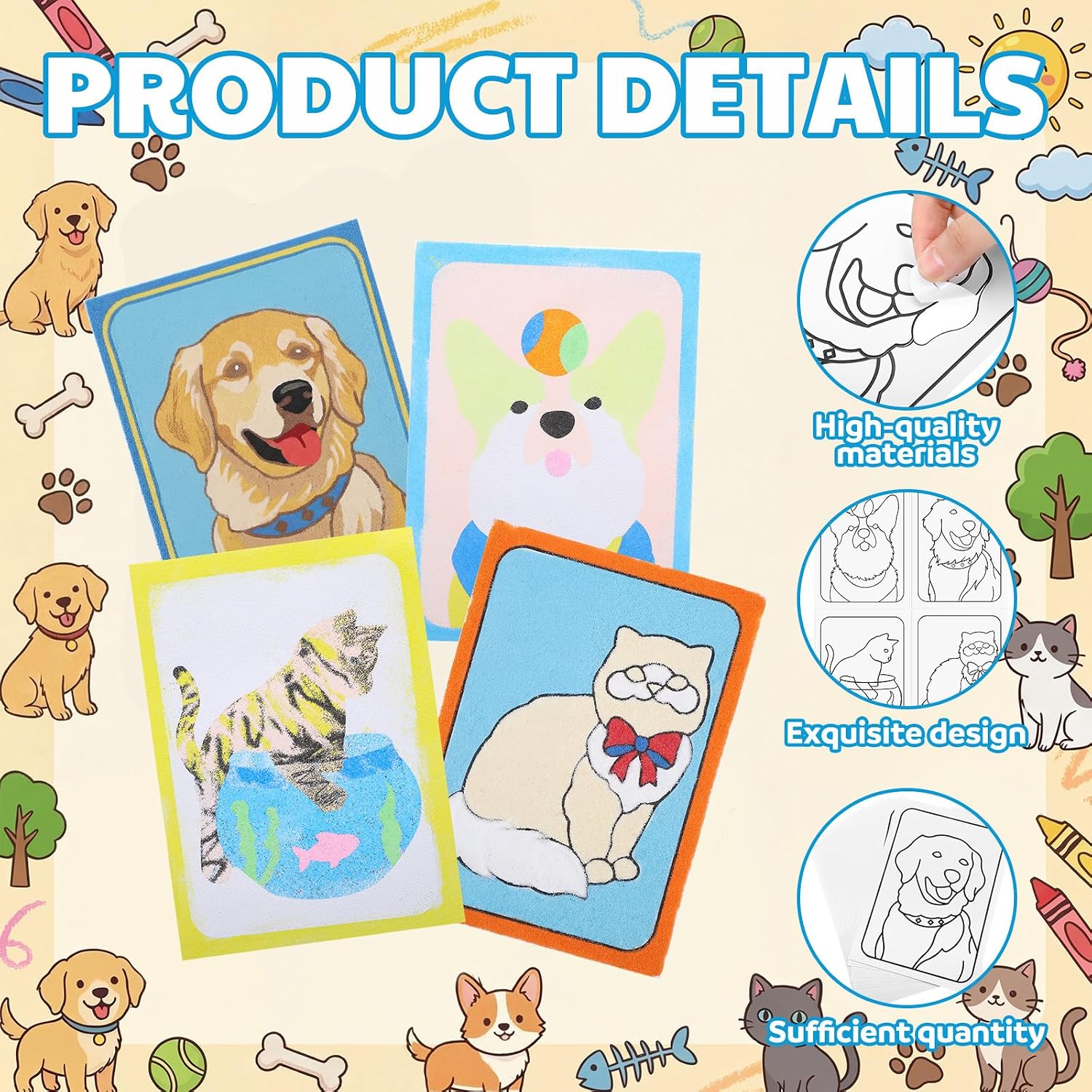 Watersay 24 Pack Unfinished Adhesive Sand Art Painting Boards Peel Stick Pictures 5" x 7" Creating Sand Paper Painting for Adults, 6 Each of 4 Designs(Cats & Dogs)