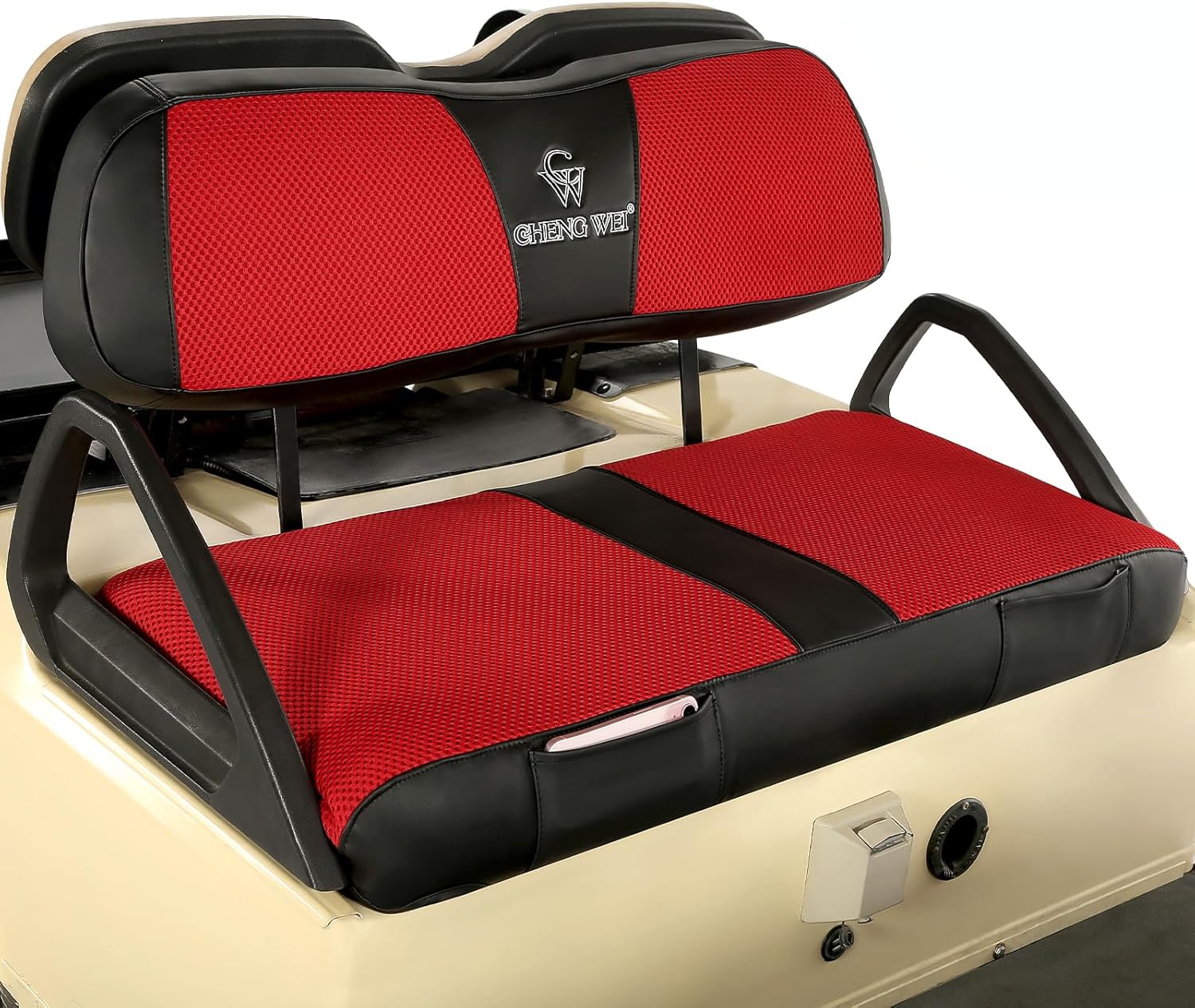 Golf Cart Seat Covers for Club Car DS 2000 and UP Front Standard Seat Cushion,Cooling Mesh and Vinyl Leather Club Car DS Seat Covers with Pockets,No Stapler Needed Replacement Front Seat Cover(Beige)