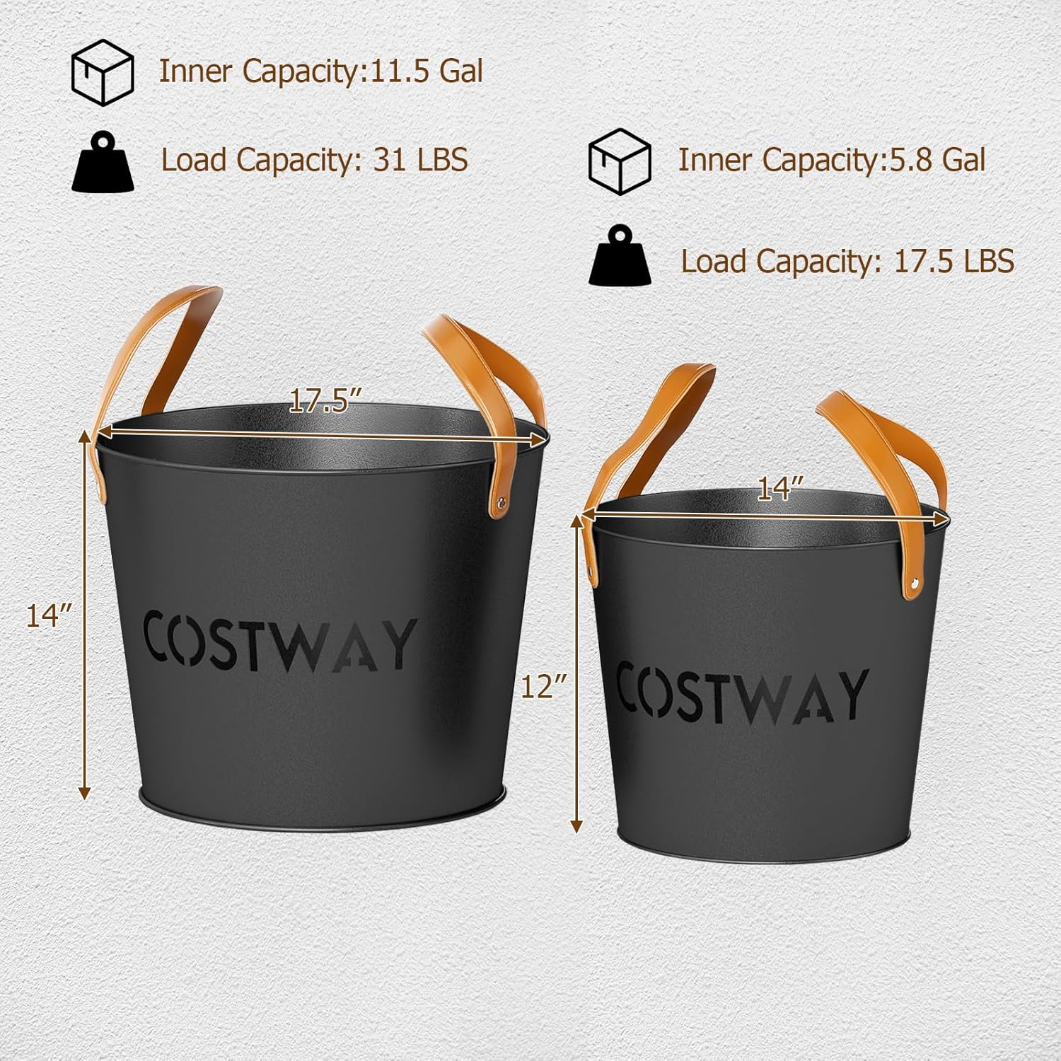 COSTWAY Ash Bucket Set of 2, Metal Coal Ash Can Set with 11.5 Gal & 8.5 Gal Bucket, Leather Carrying, Indoor Outdoor Ash Tool Cleaning Bucket for Fireplace Fire Pits Wood Burning Stoves, Black