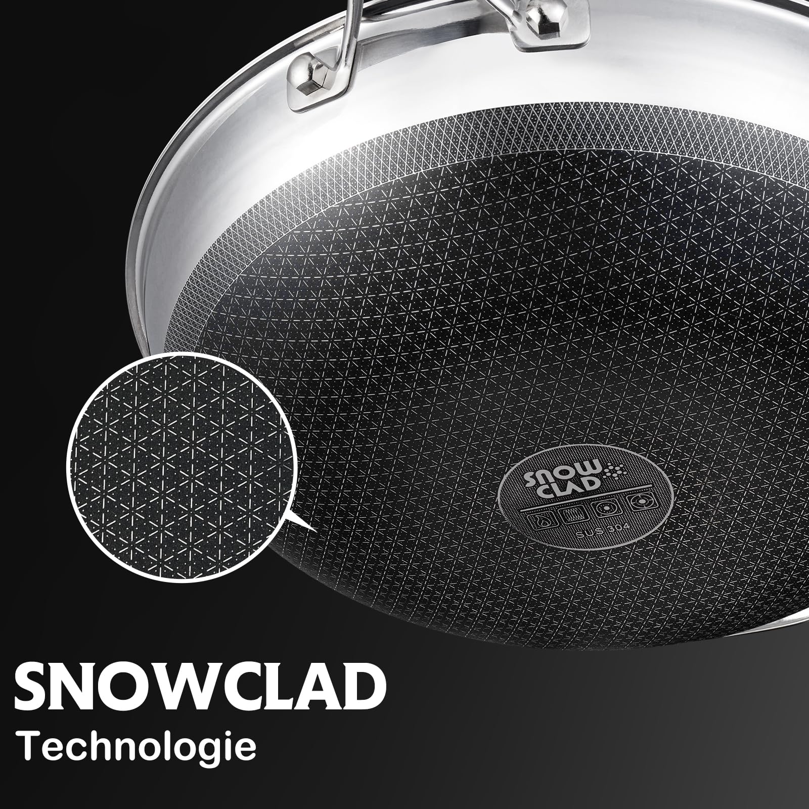 SNOWCLAD Wokpfanne Induktion 30cm Hybrid-Woks und Bratpfannen, Antihaft Wabenpfanne mit Deckel, Edelstahlpfanne, Für Alle Herdarten Geeignet, Ofen-und Spülmaschinenfest, Pfoa Frei