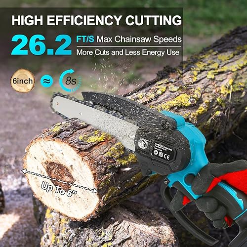 Miniatura 5 de CKEVE Mini motosierra eléctrica portátil de 6 pulgadas, funciona con pilas, inalámbrica con bloqueo de seguridad para recortar árboles de jardín,