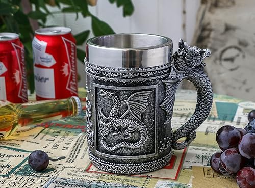 Miniatura 5 de alikiki Taza medieval grande de dragón, GOT Dragon D&D, tazas de cerveza para juegos, regalos para hombres, taza de café de acero inoxidable de 21
