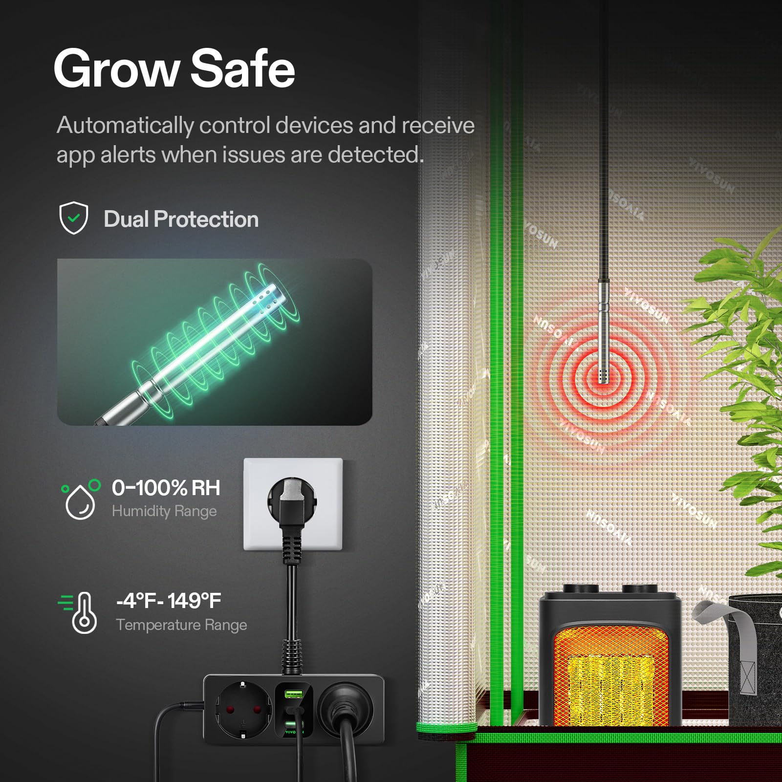 VIVOSUN GrowHub A22 controlador enchufe con sensor temperatura humedad Smart WiFi control ambiental enchufe termostato 15A 3600W compatible app VIVOSUN para grow tent