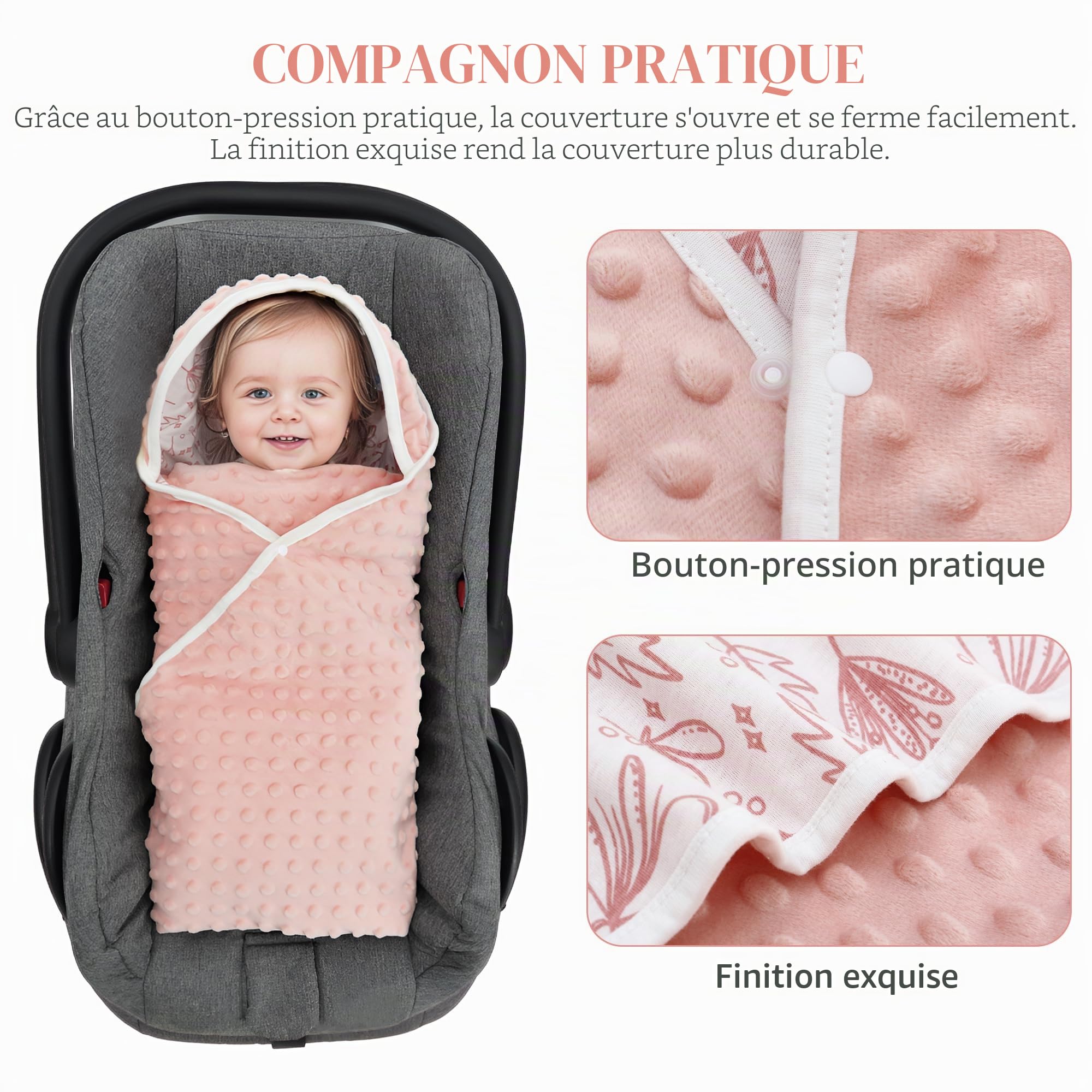 Couverture enveloppante pour nacelle, poussette, douillet, 90 x 90 cm, 100 % coton, couverture toutes saisons, universelle pour siège auto, buggy, rose