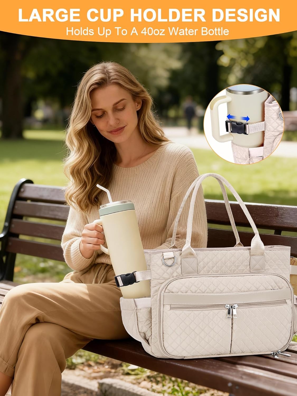 FIORETTO Teacher Tote Bag for Women with Laptop Compartment, Large Cup Holder, Zip Closure, Ideal for Work, Bible, Nurse - Image 5