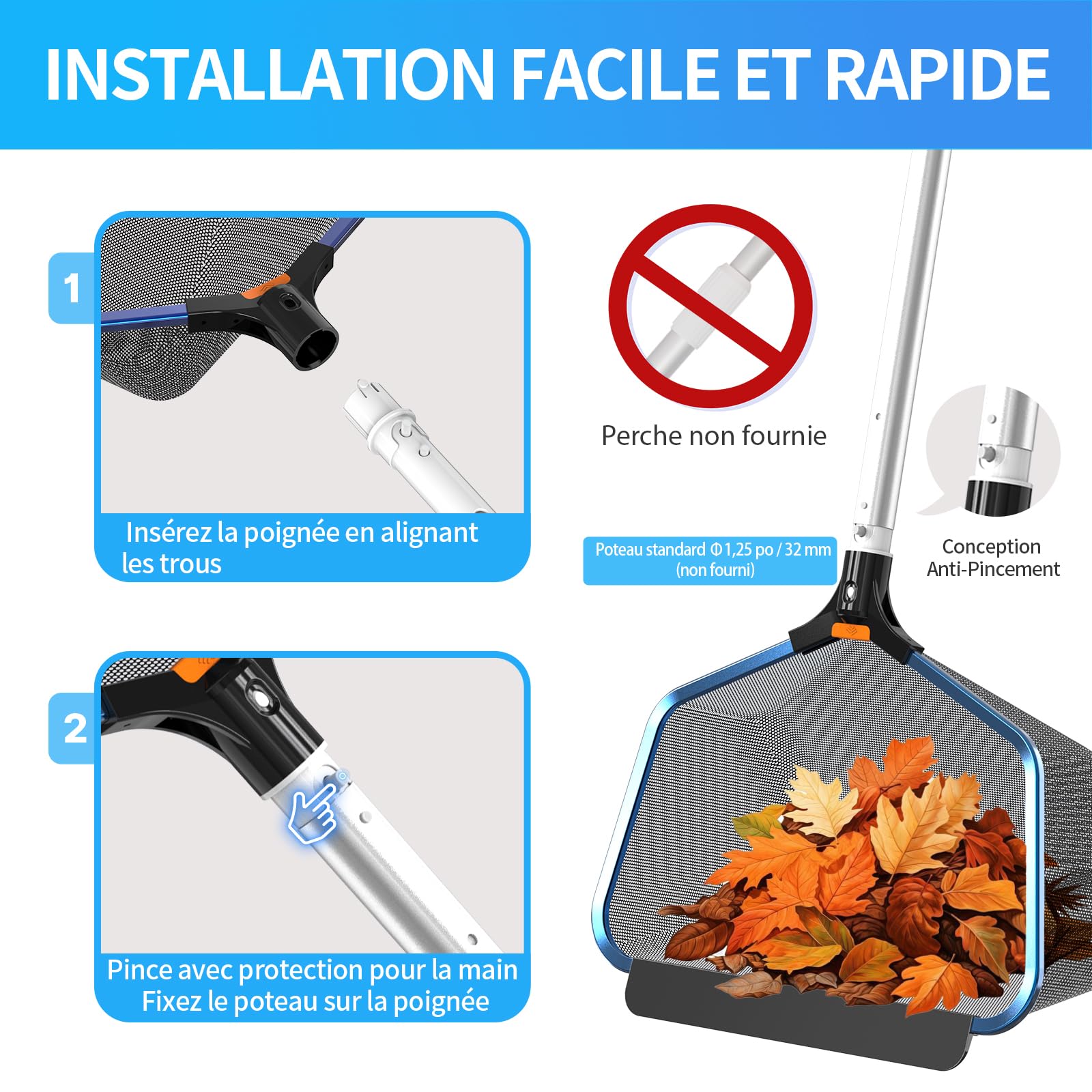 Épuisette de Fond de Piscine avec Cadre en Aluminium Robuste, Filet de Nettoyage à Feuilles pour Piscine, Étang, Spas, Fontaine, Parc Aquatique, avec 2 Filets (sans Perche Réglable)