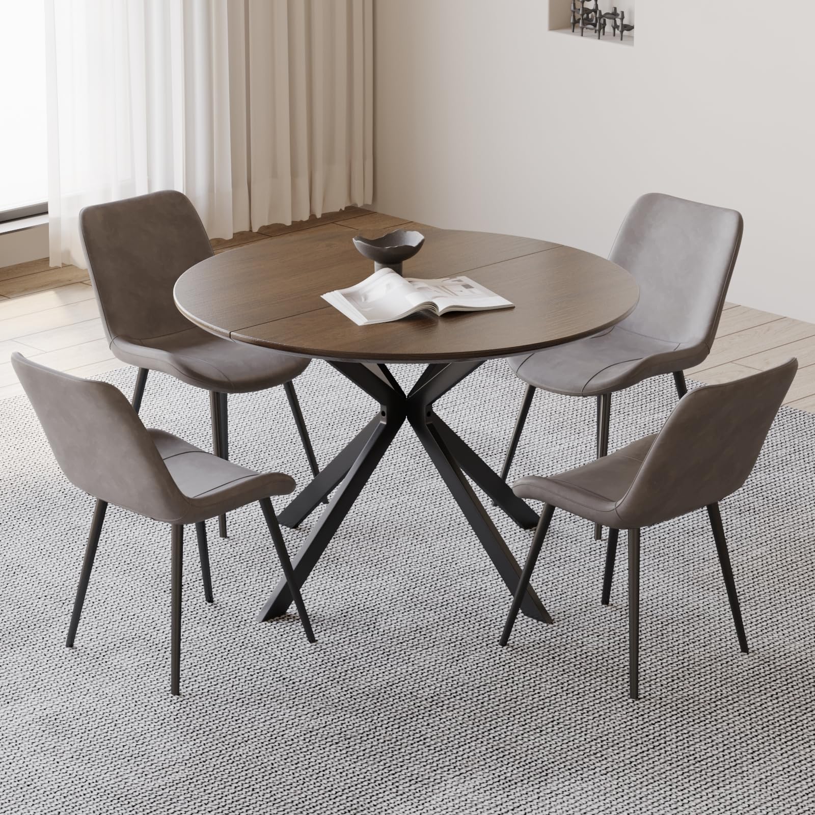 46.4" Round Dining Table Set with 4 Chairs, Modern Dining Set with Comfortable PU Leather Chairs, Sturdy MDF Table with X-Shaped Base, Easy Assembly,