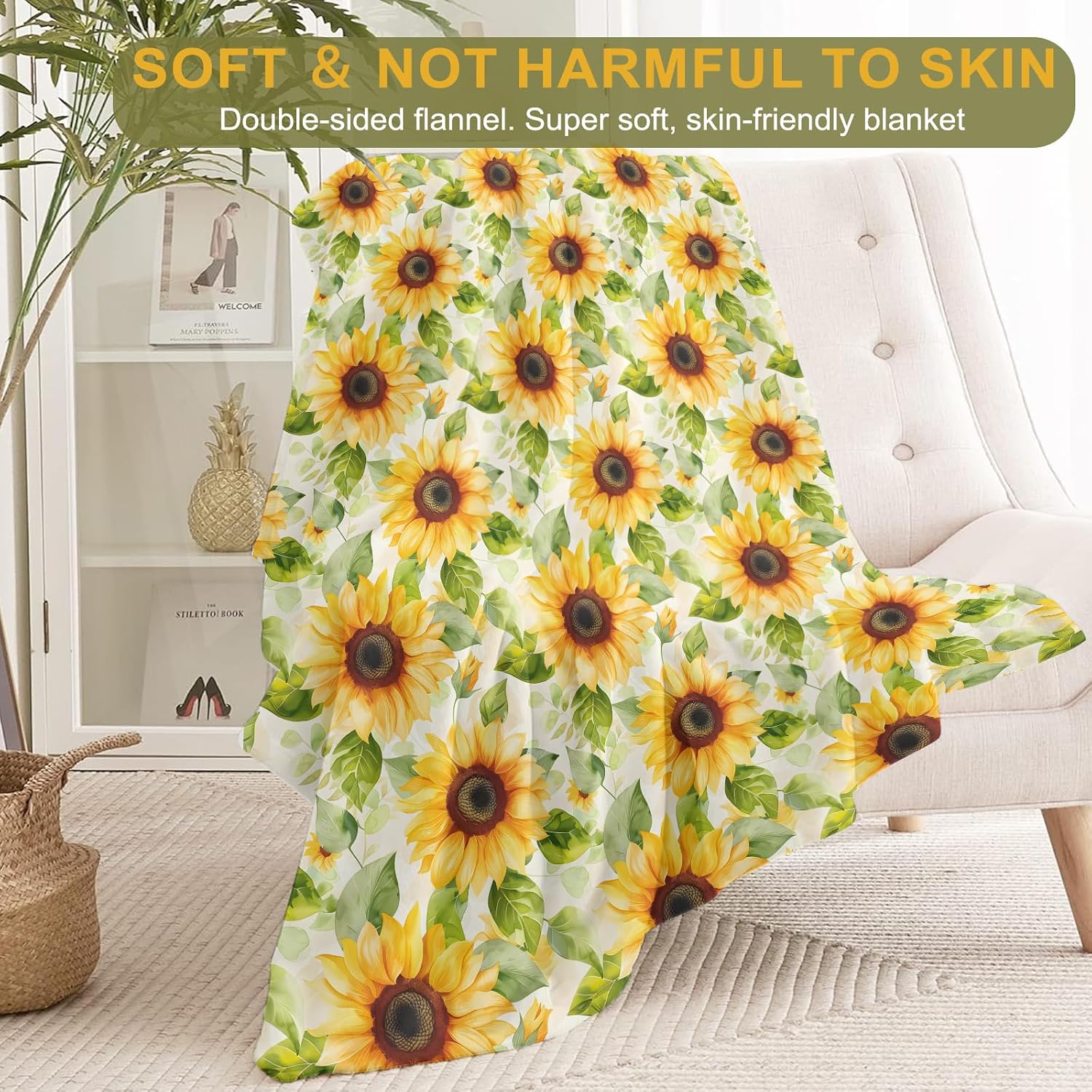 Rustic Sunflower Fleece Throw Blanket 50x60 Inch,Bright Floral Country Style Decorative Throws,Soft Lightweight Blankets for Farmhouse Couch Picnic Travel,Cozy Gifts for Flower Lovers Women